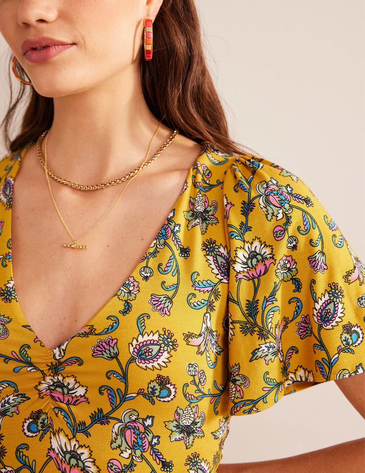 V-Neck Jersey Midi Dress-Mustard Seed, Meadow Fall-3