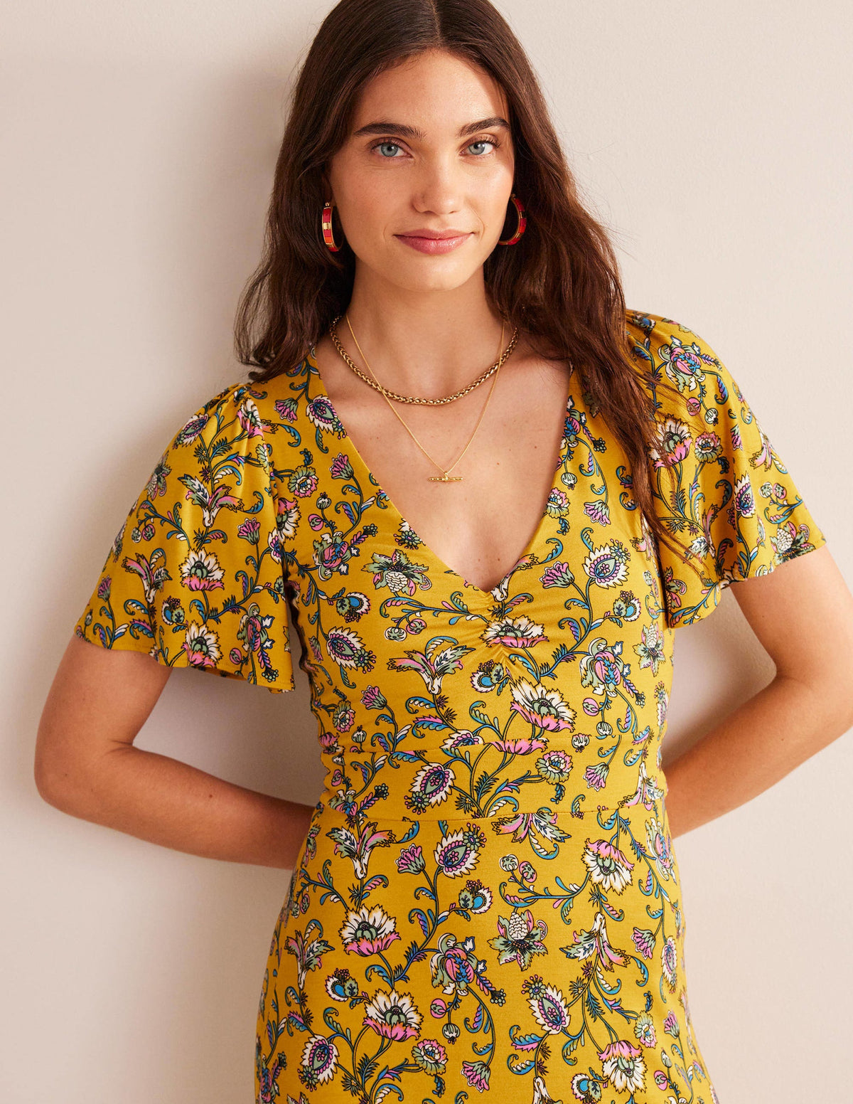 V-Neck Jersey Midi Dress-Mustard Seed, Meadow Fall-5