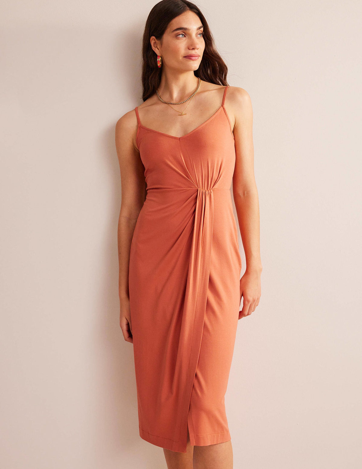Gathered Jersey Midi Dress-Persimmon - Image 4