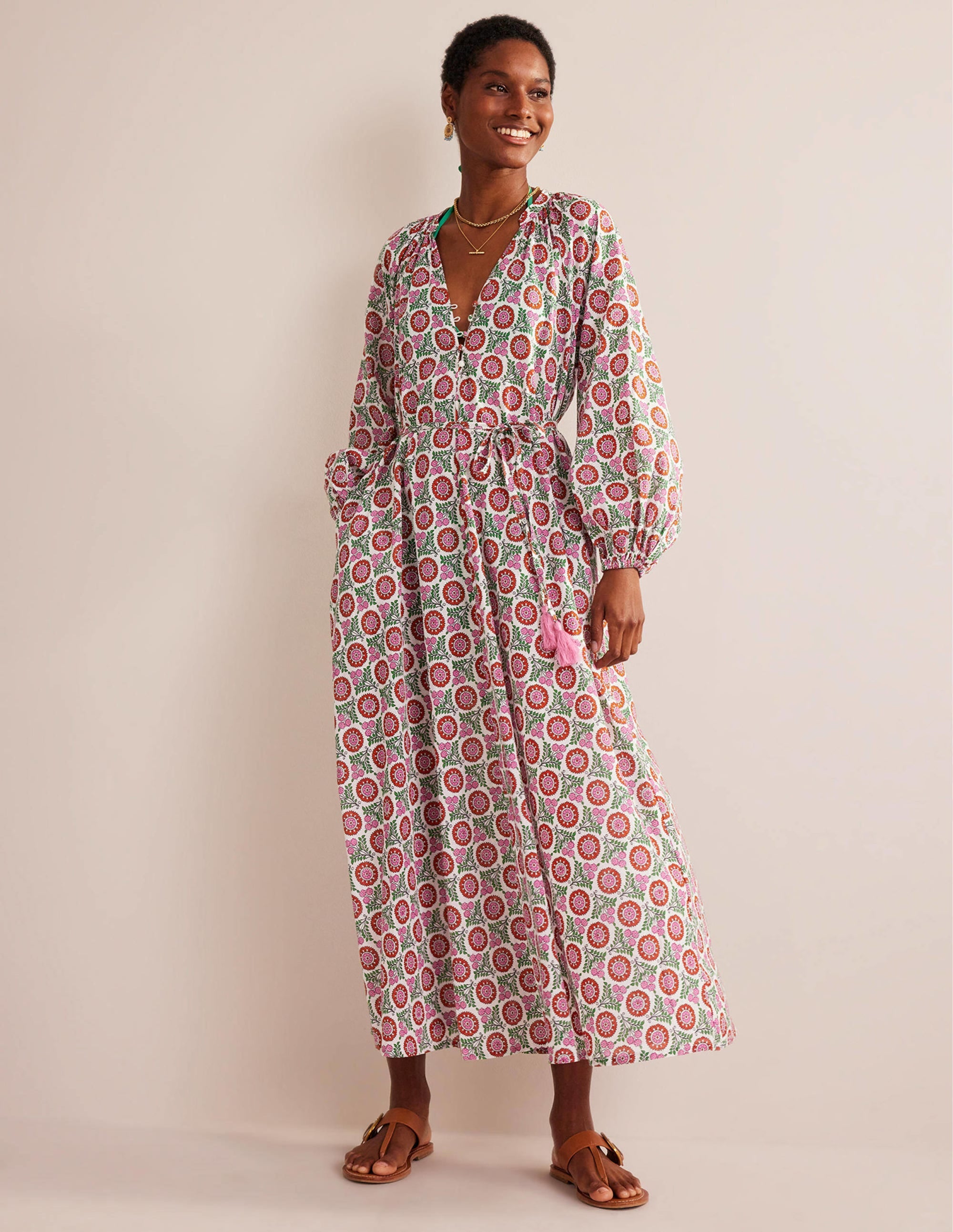 Notch-Neck Cotton Maxi Dress-Gin Fizz, Sunflower Sprig - Image 1