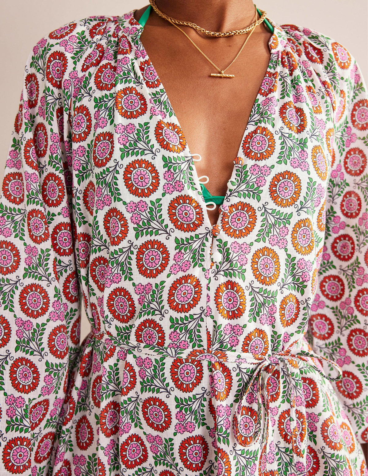 Notch-Neck Cotton Maxi Dress-Gin Fizz, Sunflower Sprig - Image 2