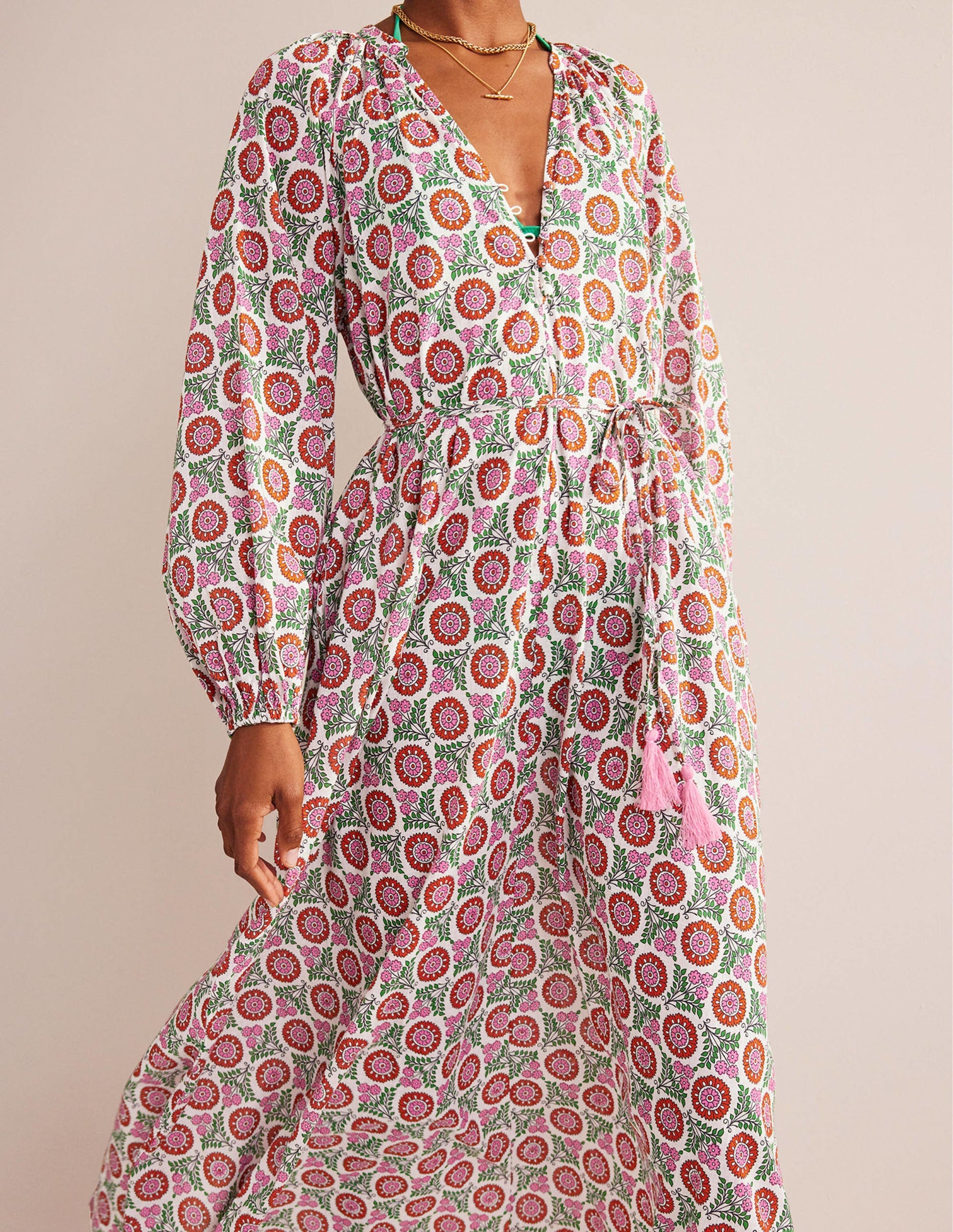 Notch-Neck Cotton Maxi Dress-Gin Fizz, Sunflower Sprig-4