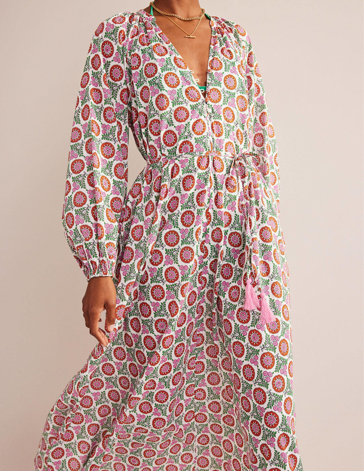 Notch-Neck Cotton Maxi Dress-Gin Fizz, Sunflower Sprig - Image 4