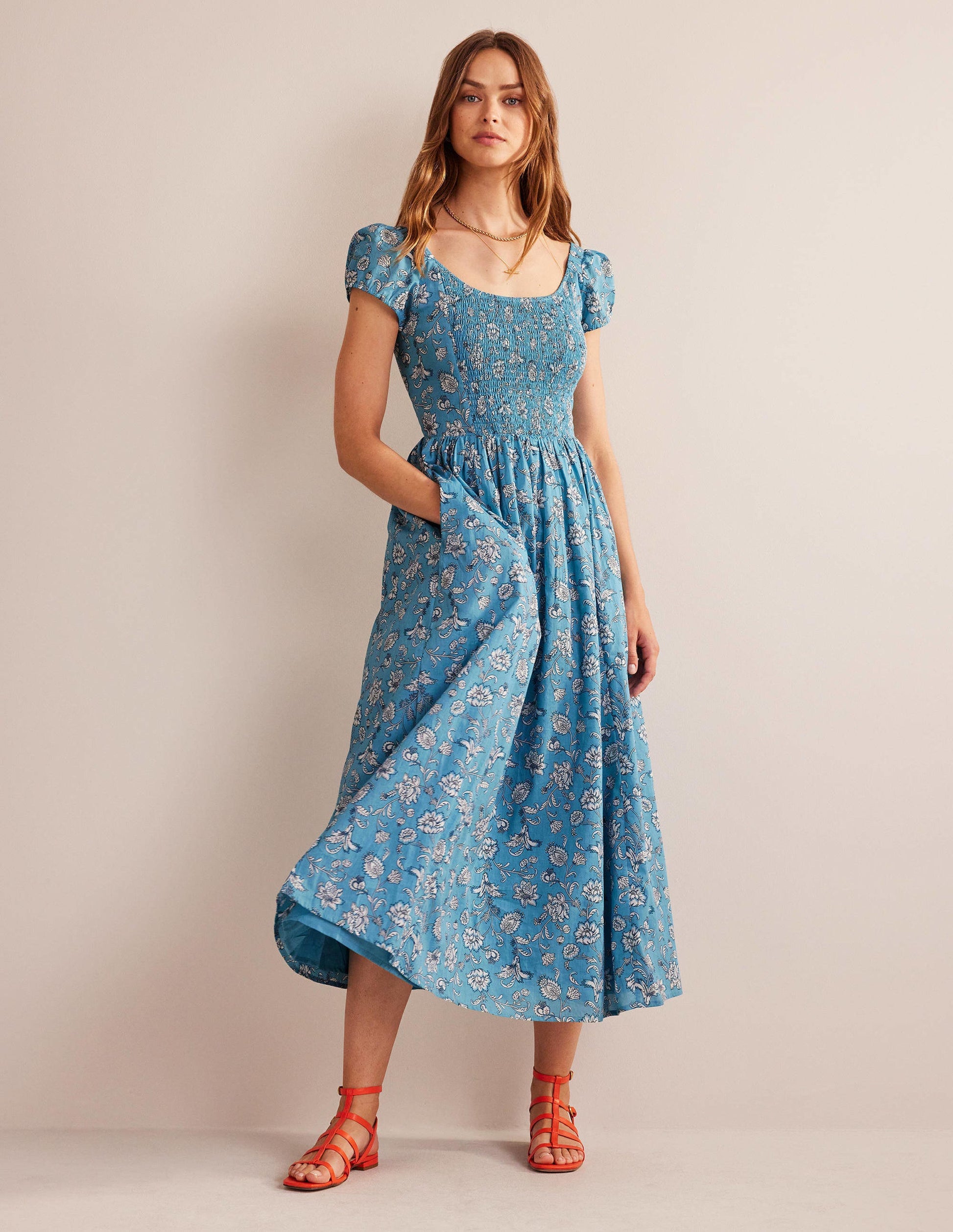 Scoop-Neck Smocked Midi Dress-Delphinium Blue, Meadow Fall-1