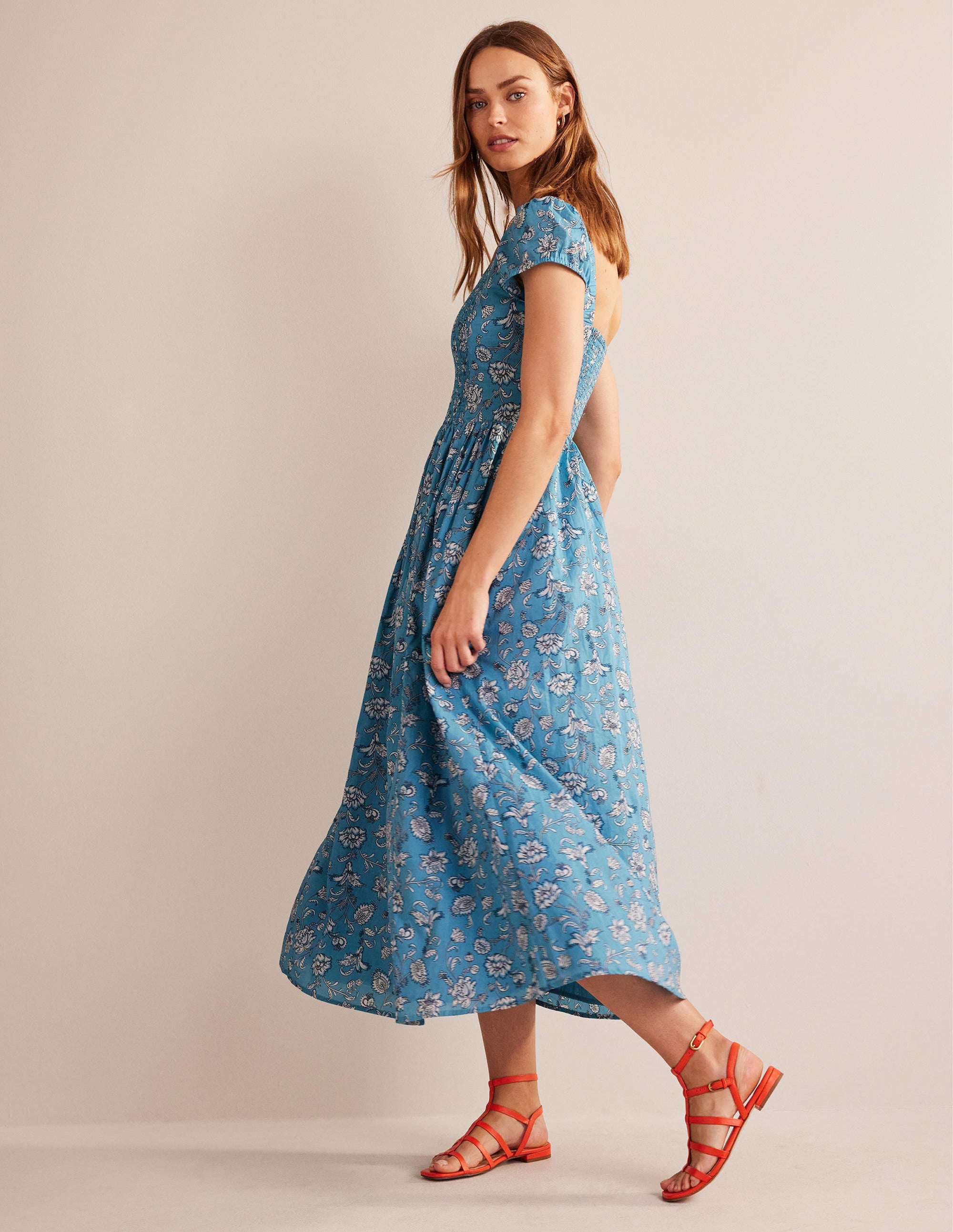 Scoop-Neck Smocked Midi Dress-Delphinium Blue, Meadow Fall - Image 3