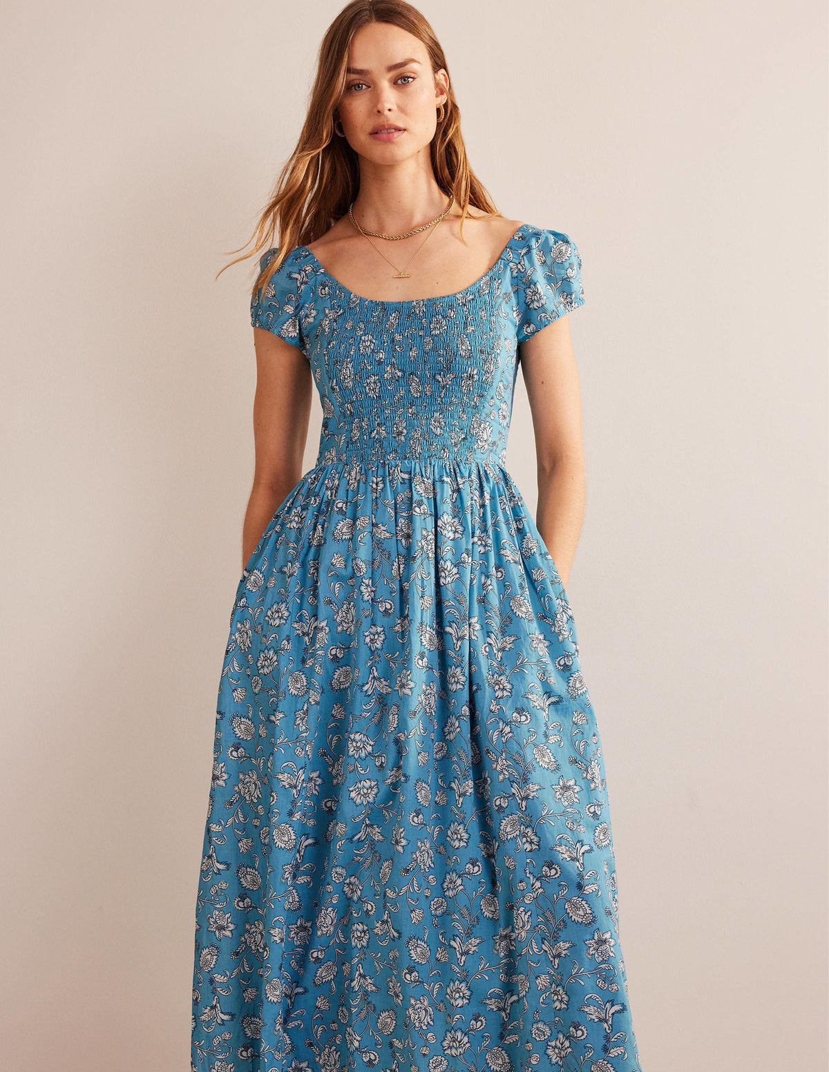 Scoop-Neck Smocked Midi Dress-Delphinium Blue, Meadow Fall - Image 4