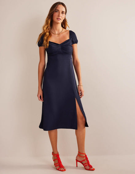 Cap-Sleeve Midi Dress-Navy