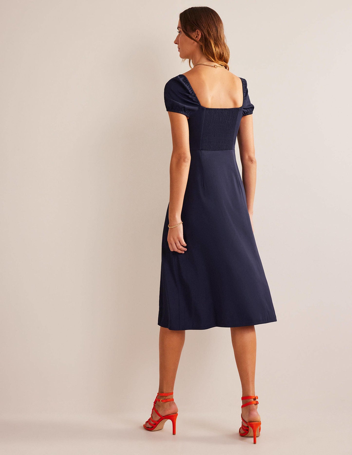 Cap-Sleeve Midi Dress-Navy