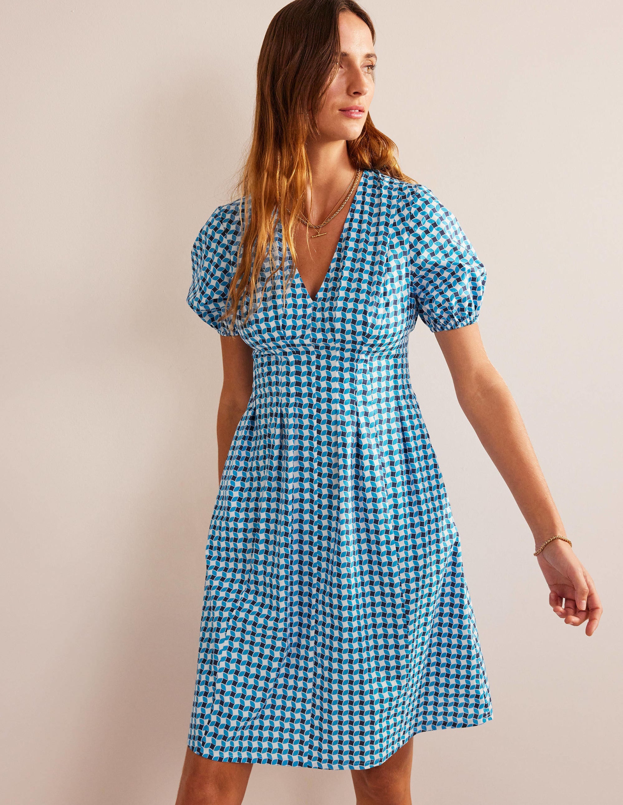 V-Neck Dart Detail Dress-Fluro Blue, Abstract Diamond - Image 1