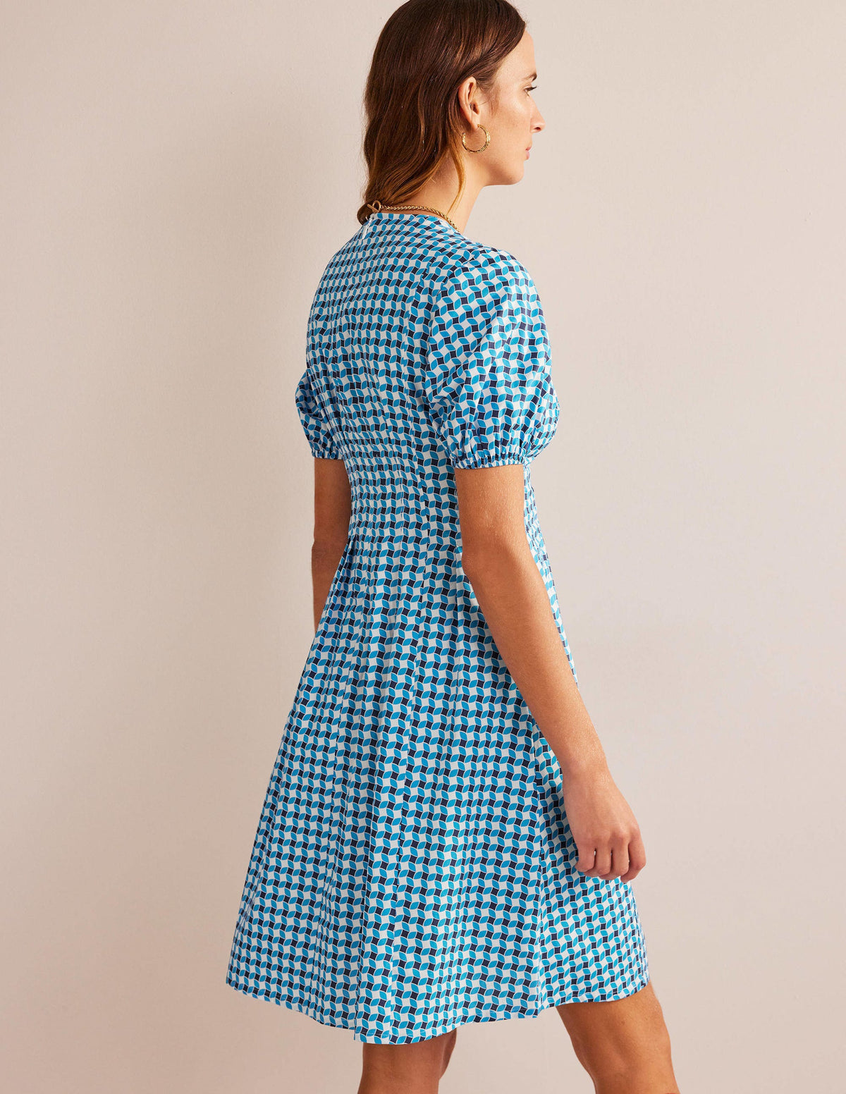 V-Neck Dart Detail Dress-Fluro Blue, Abstract Diamond - Image 3
