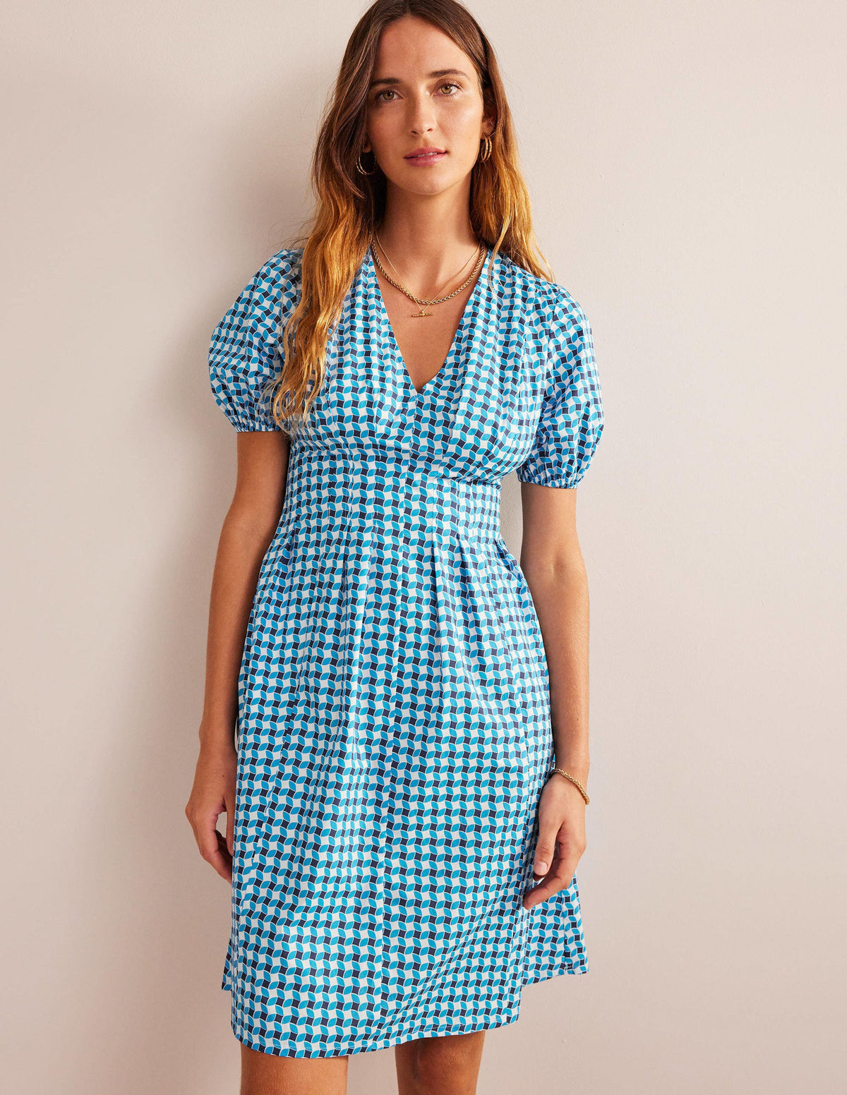 V-Neck Dart Detail Dress-Fluro Blue, Abstract Diamond-4