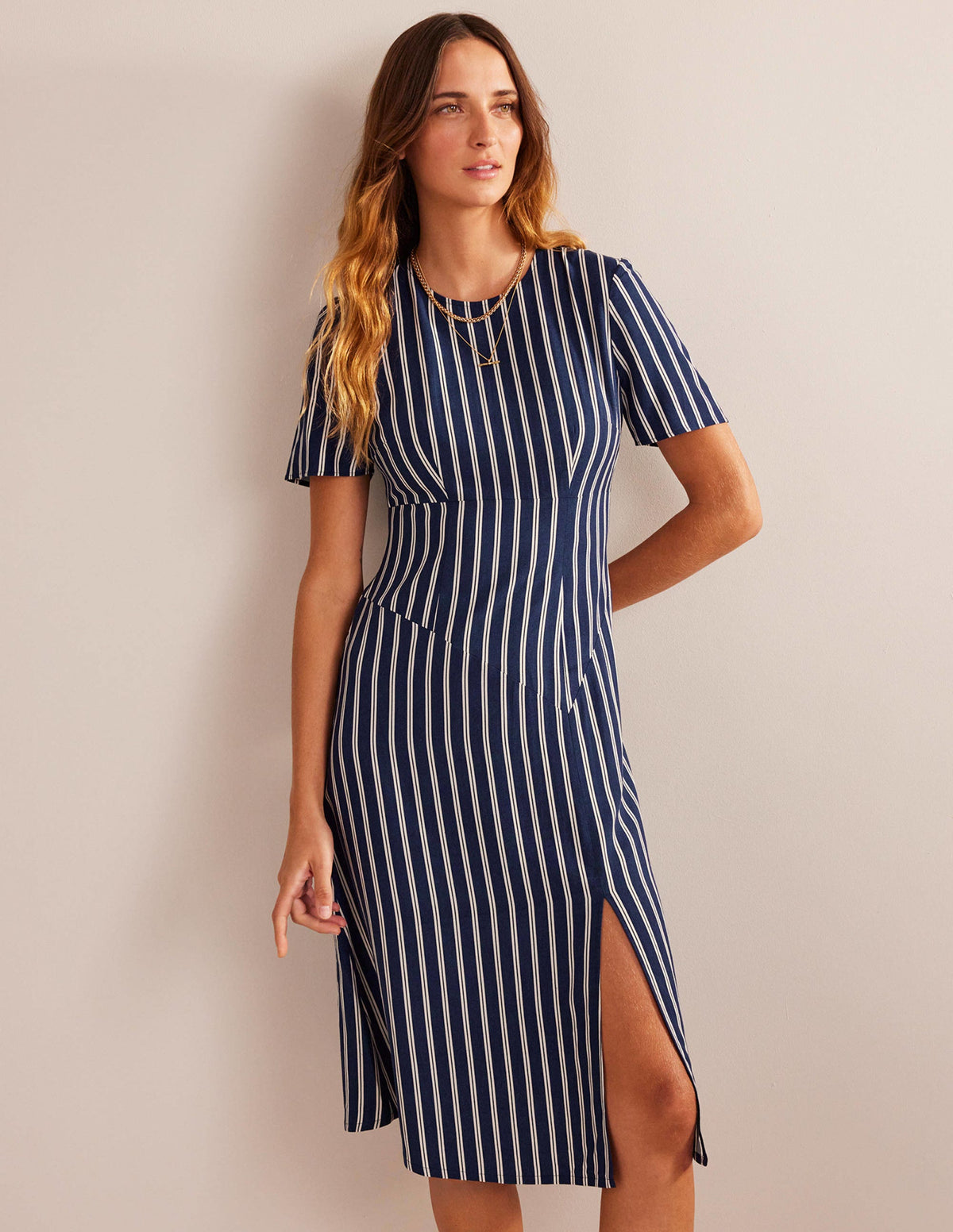 Striped Asymmetric Midi Dress-Navy and Ivory Vertical Stripe - Image 1
