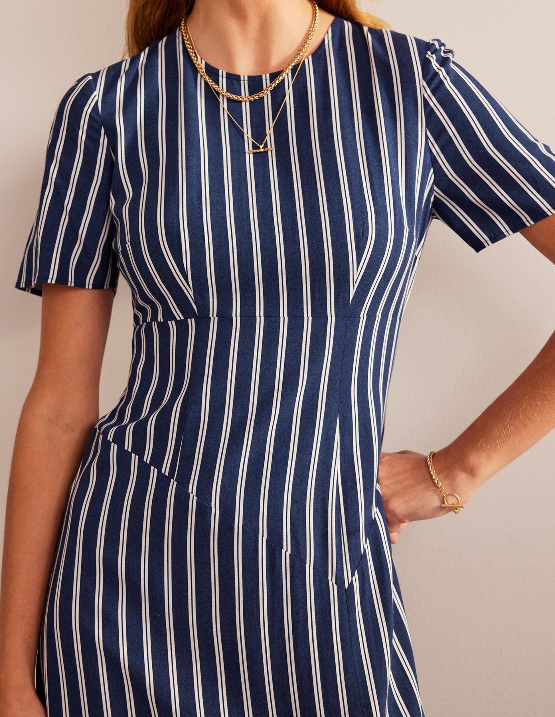 Striped Asymmetric Midi Dress-Navy and Ivory Vertical Stripe-2