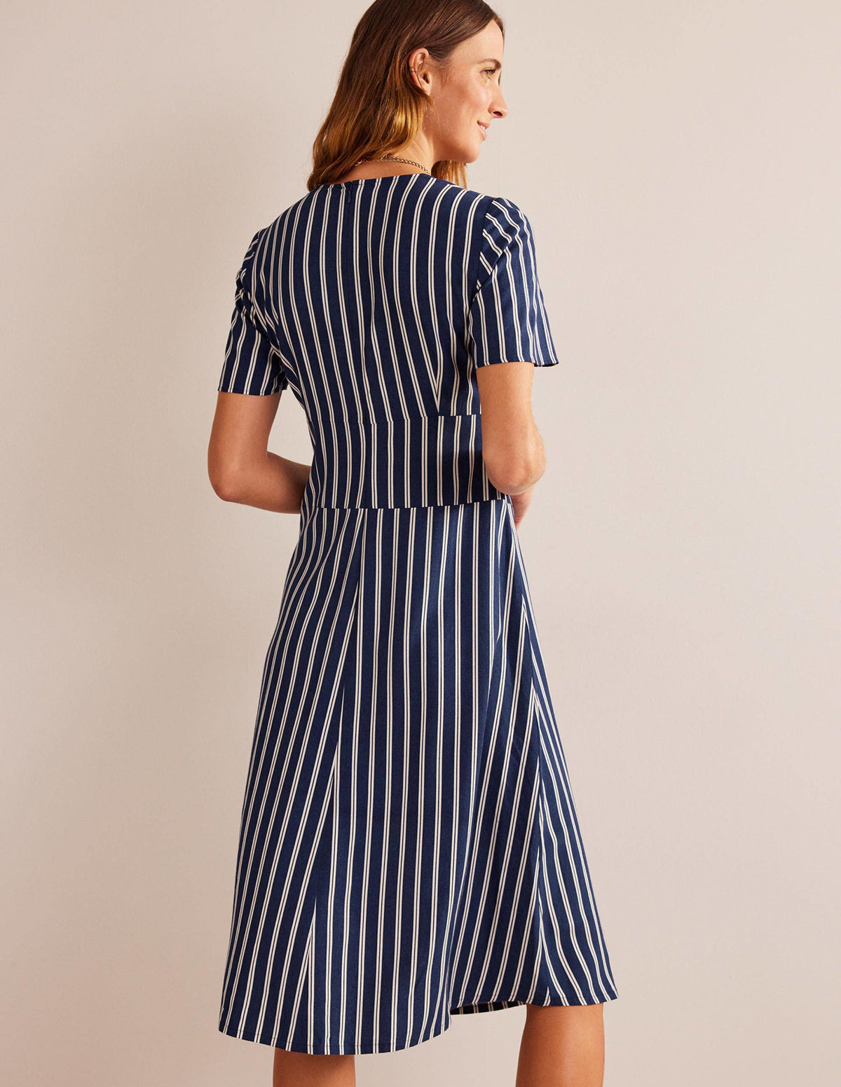 Striped Asymmetric Midi Dress-Navy and Ivory Vertical Stripe - Image 3