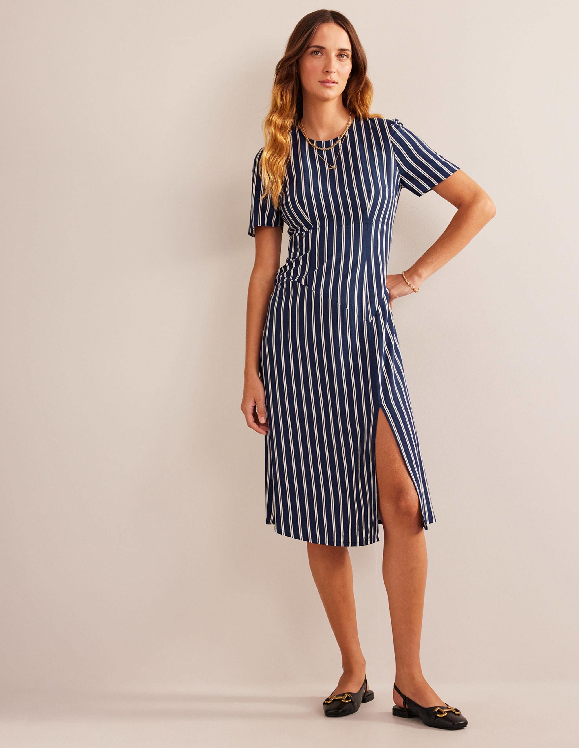 Striped Asymmetric Midi Dress-Navy and Ivory Vertical Stripe - Image 4