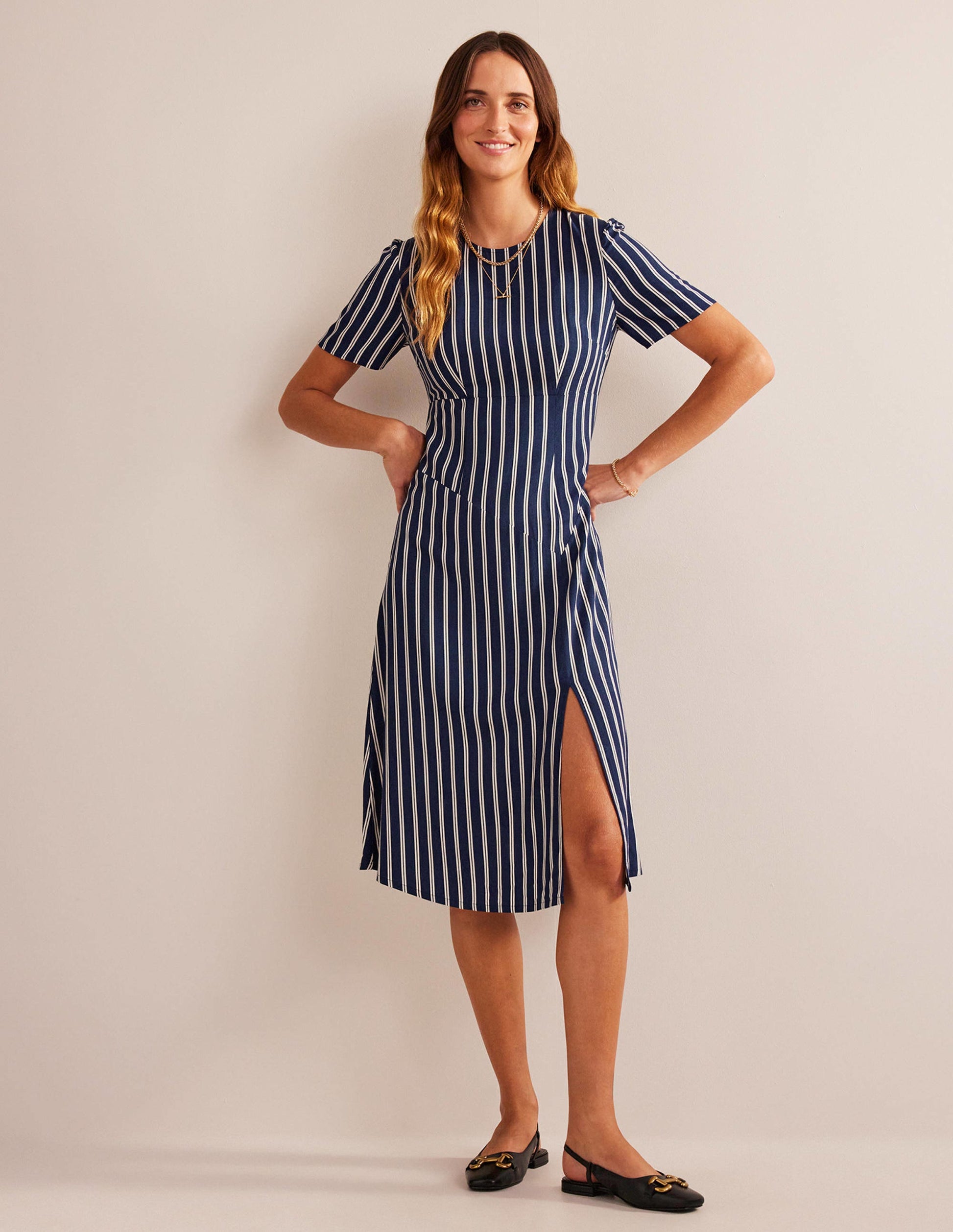 Striped Asymmetric Midi Dress-Navy and Ivory Vertical Stripe-5