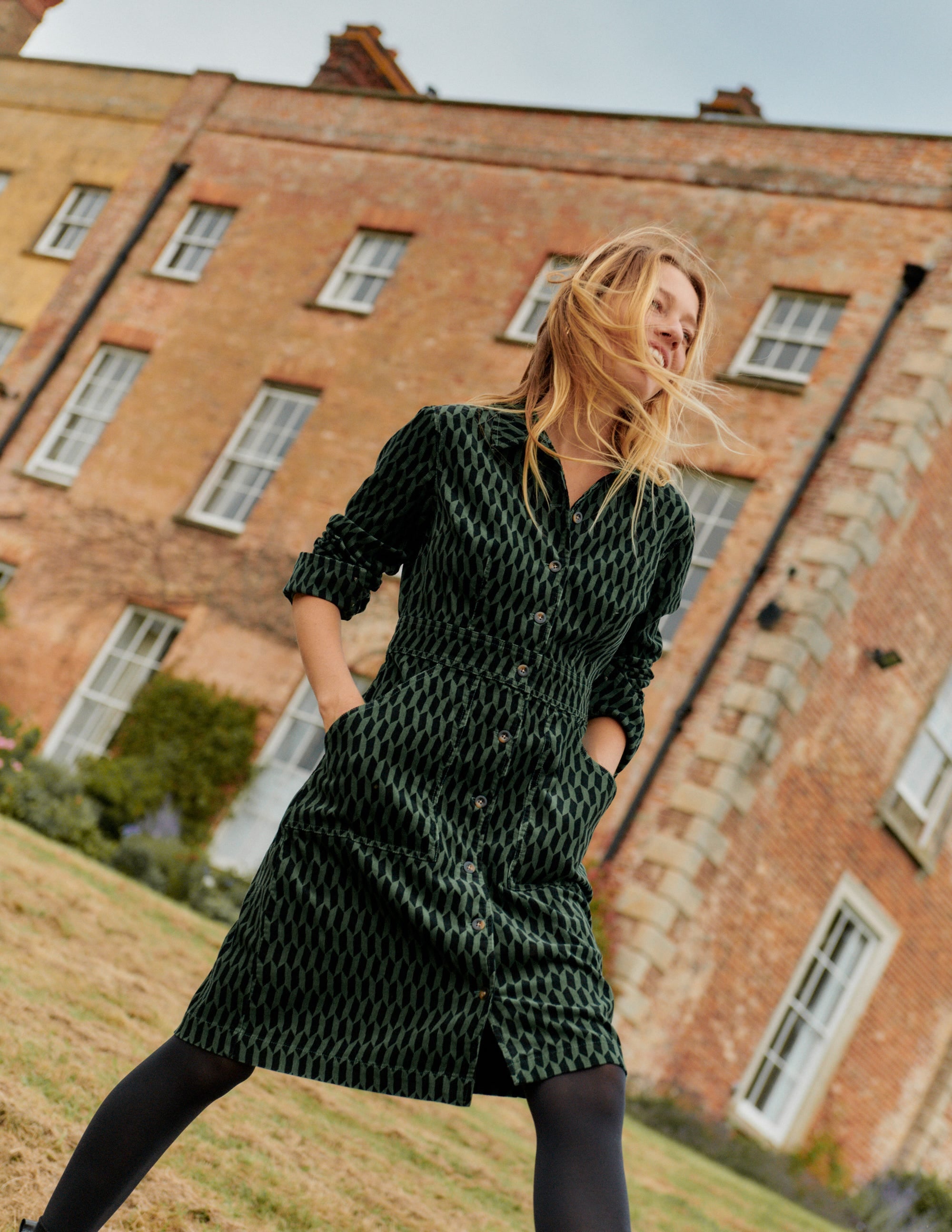 Flora Cord Shirt Dress-Amazon Green, Block Tile - Image 5