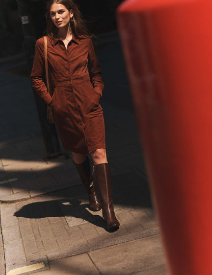 Flora Cord Shirt Dress-Cognac-5