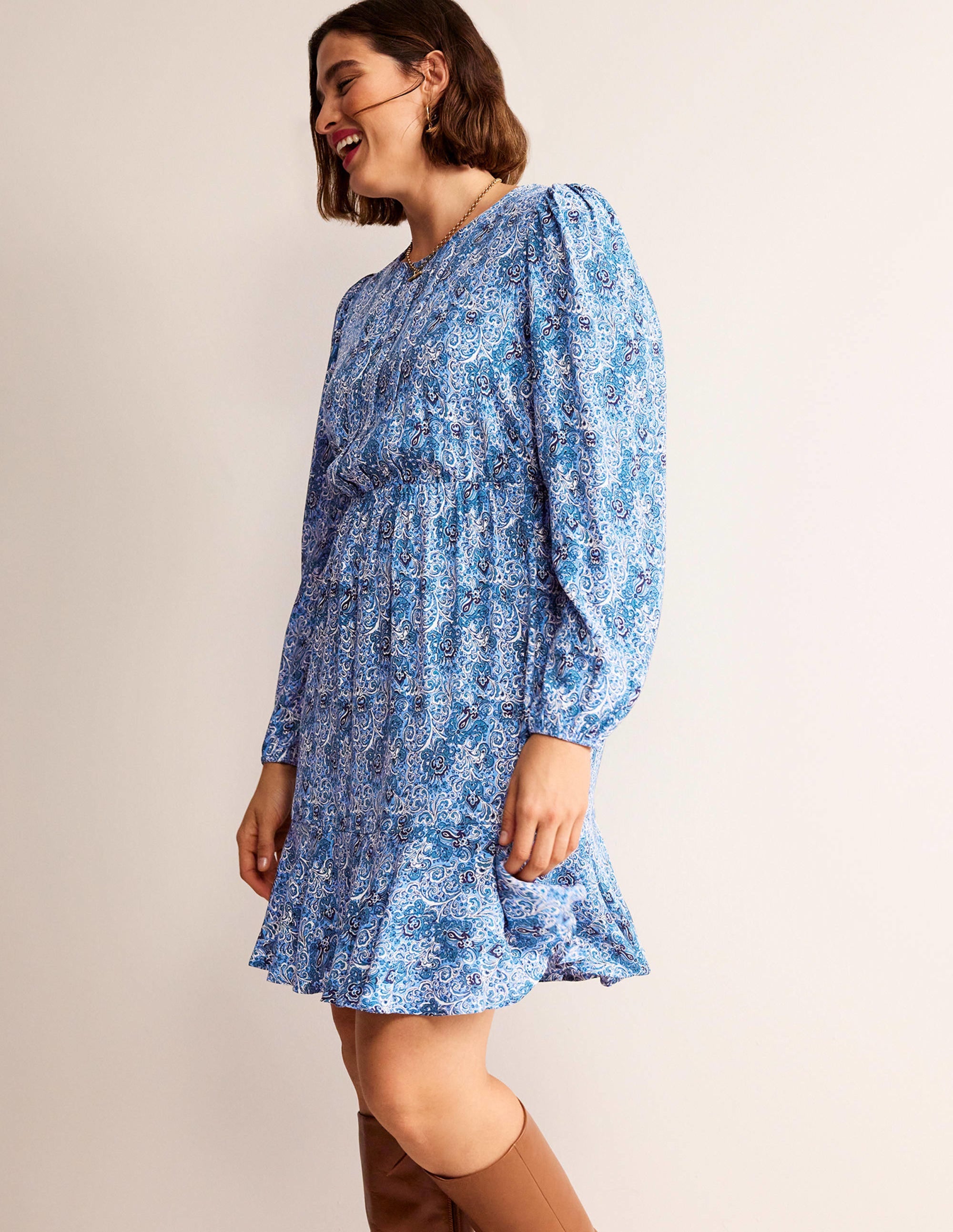 Pleated Peplum Mini Dress-Teal, Botanic Terrace - Image 6
