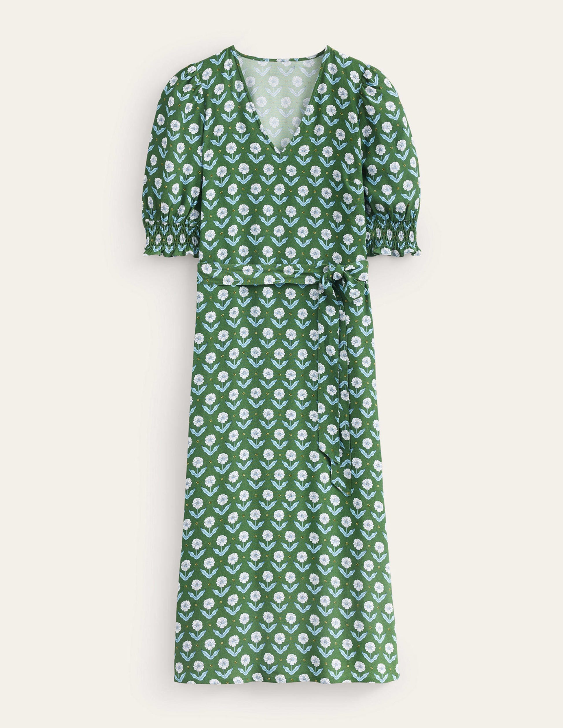 Smocked Cuff Midi Dress-Winter Green, Daisy Foliage-5