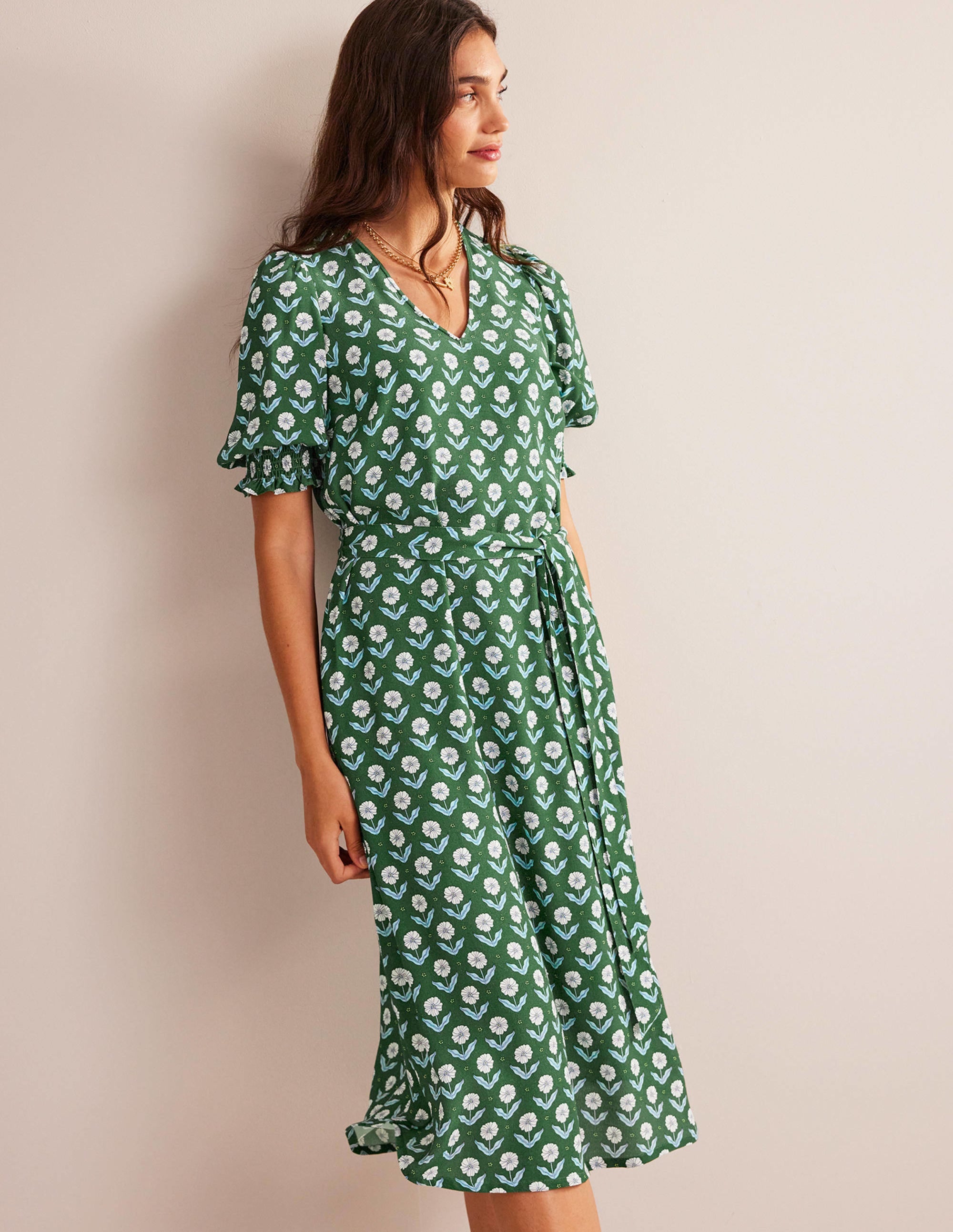 Smocked Cuff Midi Dress-Winter Green, Daisy Foliage - Image 1