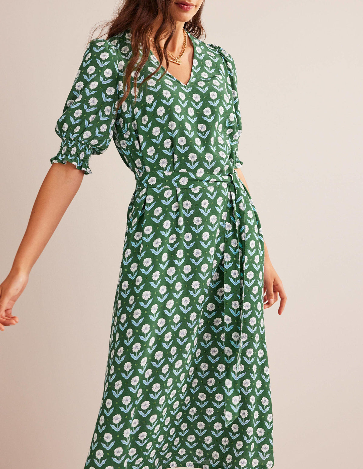 Smocked Cuff Midi Dress-Winter Green, Daisy Foliage - Image 2