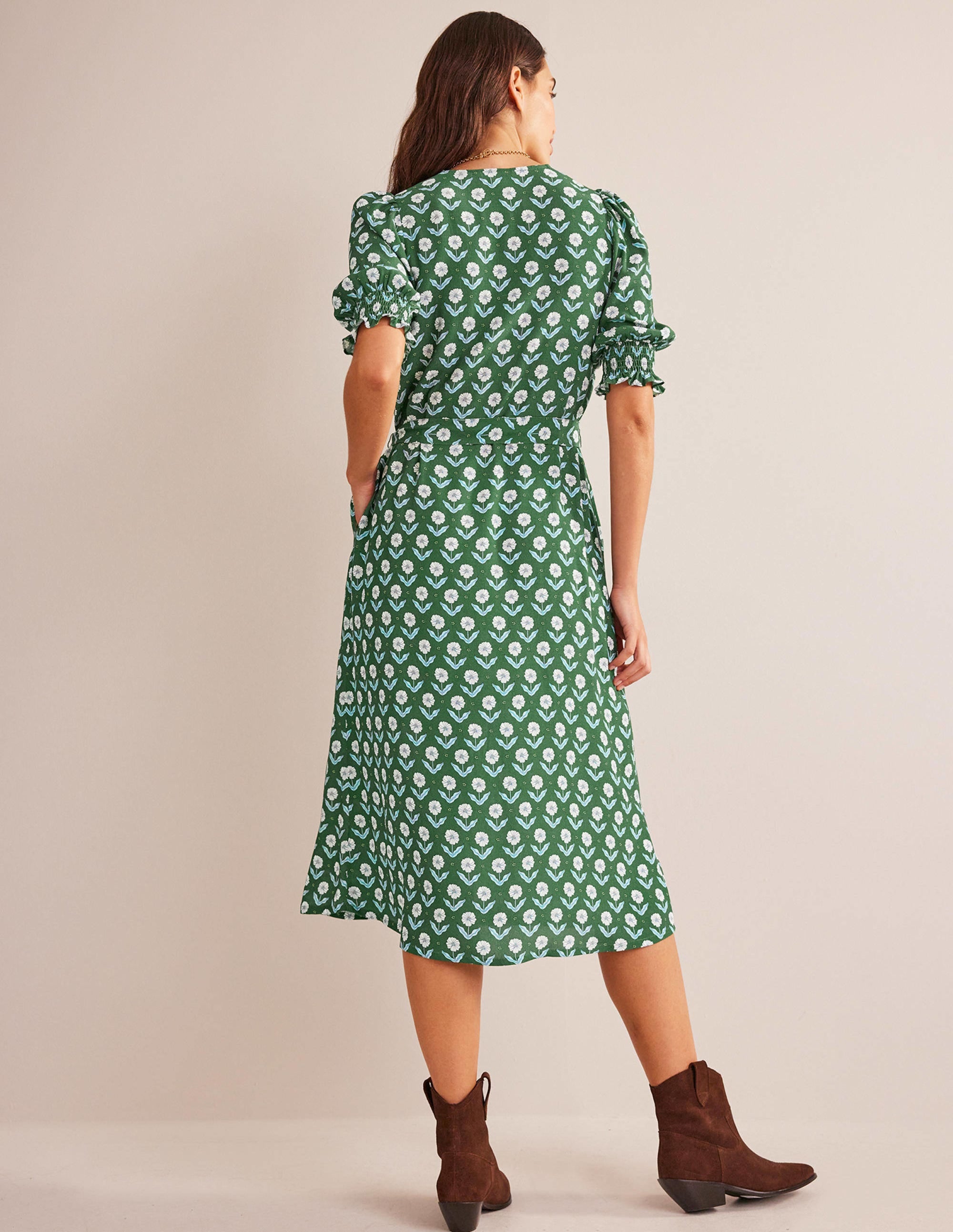 Smocked Cuff Midi Dress-Winter Green, Daisy Foliage - Image 3