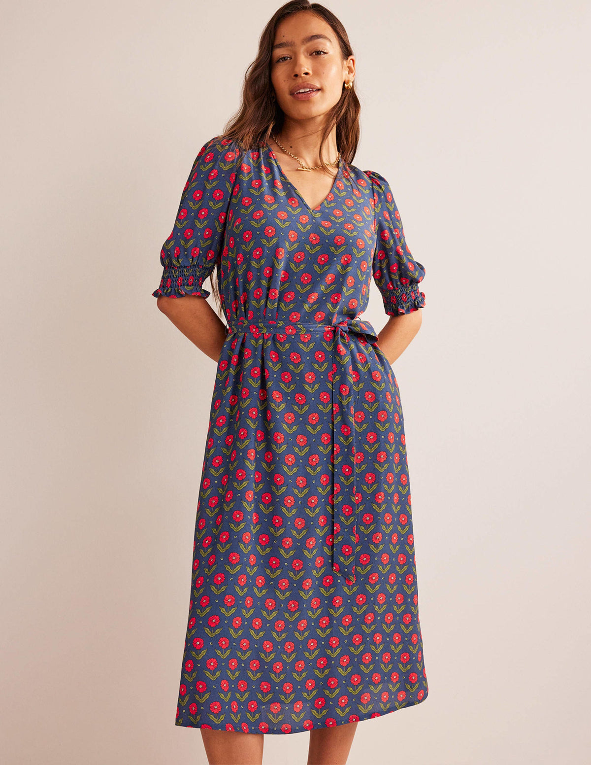 Smocked Cuff Midi Dress-Navy, Daisy Foliage - Image 1