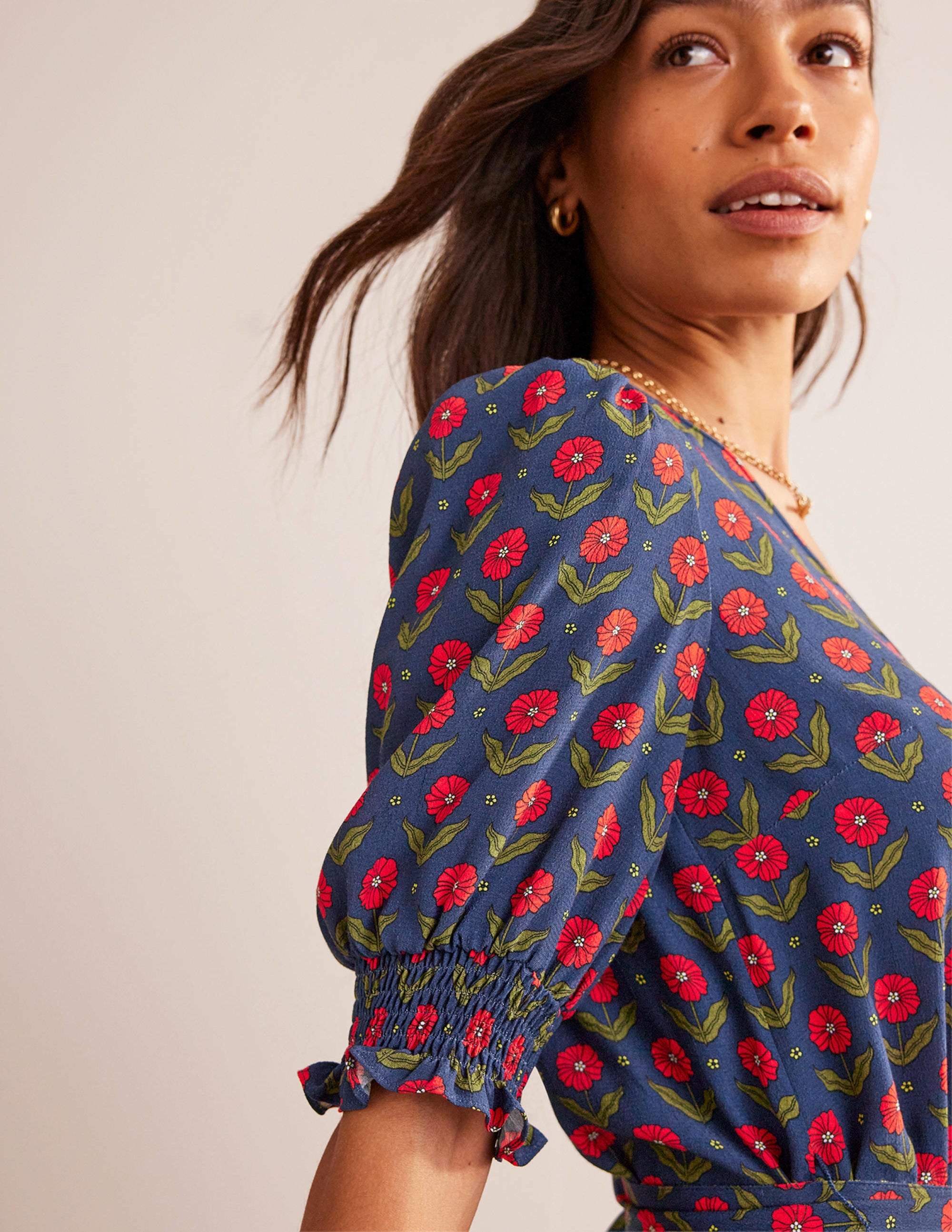 Smocked Cuff Midi Dress-Navy, Daisy Foliage - Image 2