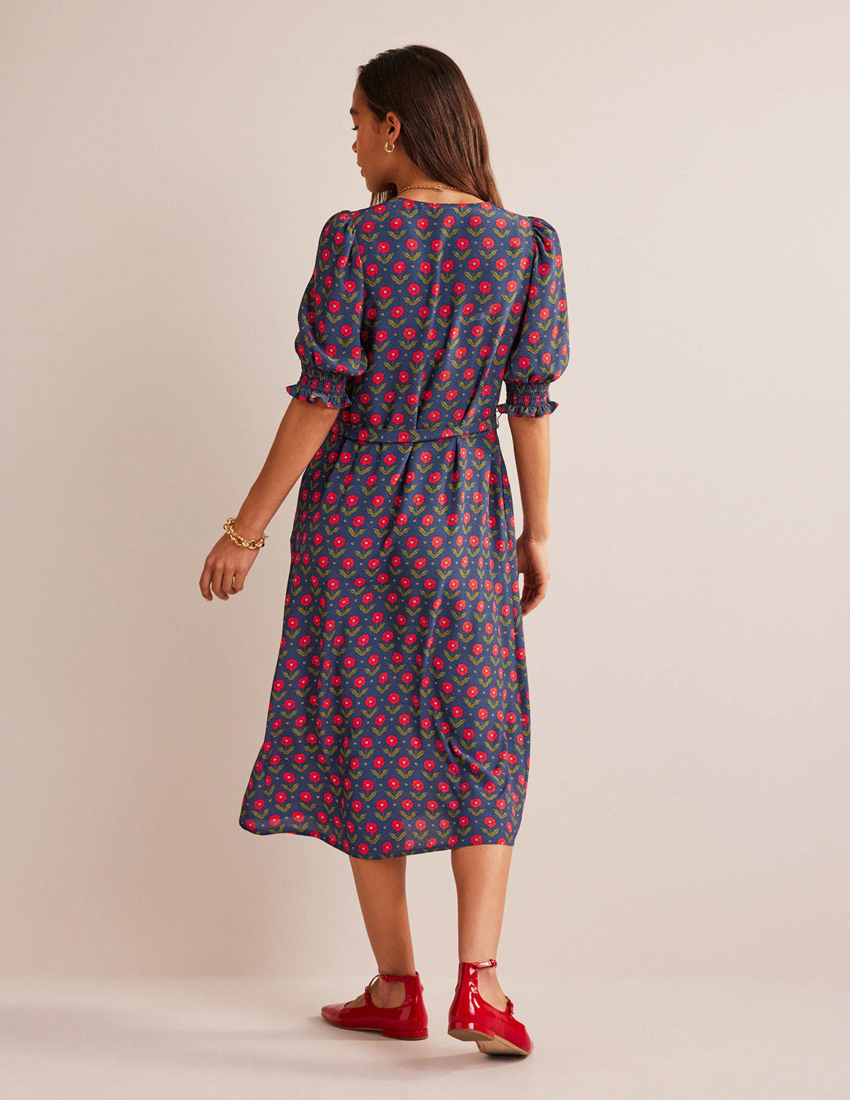 Smocked Cuff Midi Dress-Navy, Daisy Foliage - Image 6