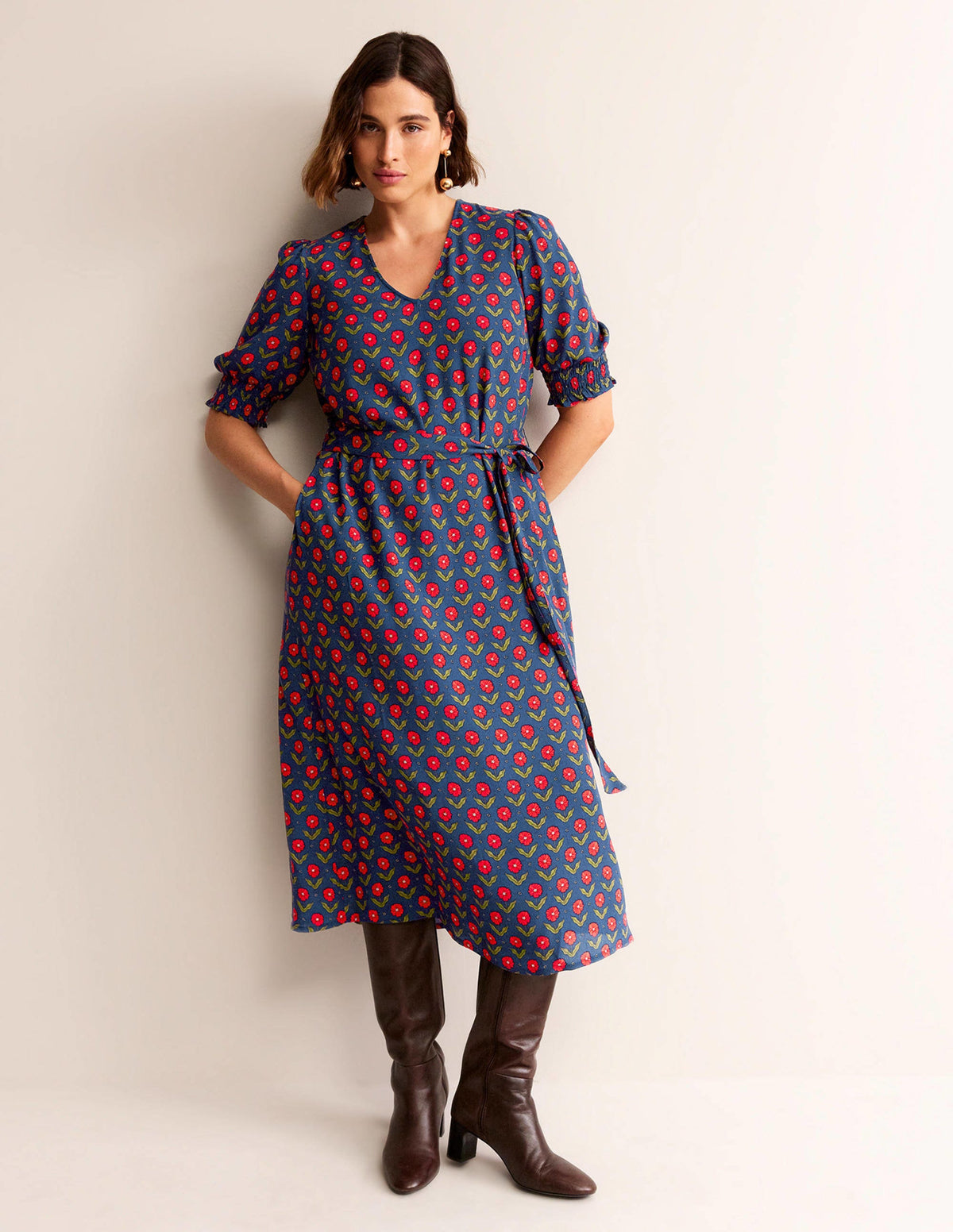 Smocked Cuff Midi Dress-Navy, Daisy Foliage - Image 7