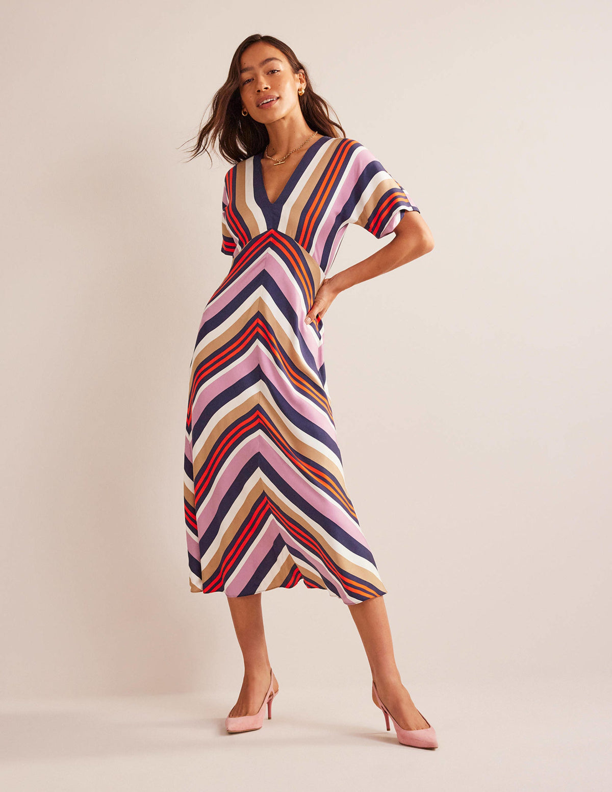 V-Neck Satin Midi Dress-Multi Stripe - Image 1