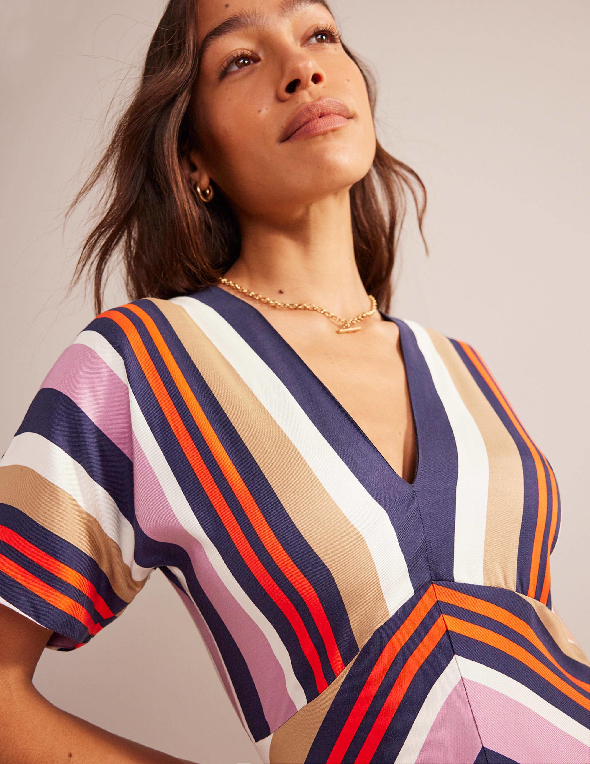 V-Neck Satin Midi Dress-Multi Stripe - Image 2