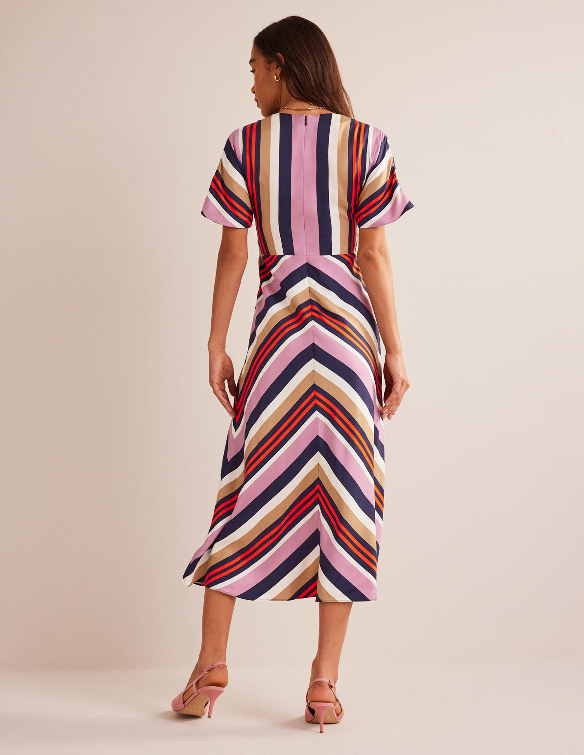 V-Neck Satin Midi Dress-Multi Stripe - Image 3