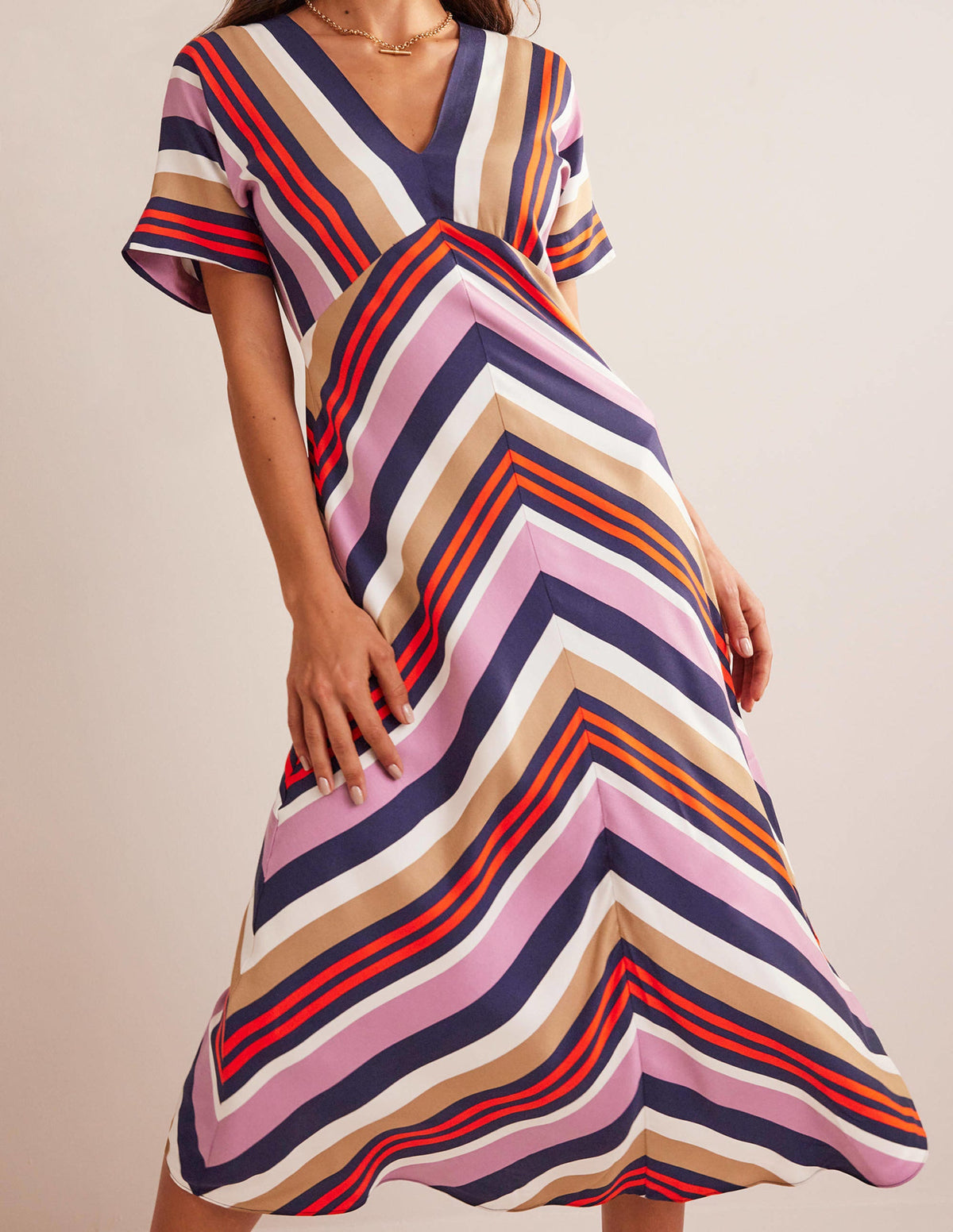 V-Neck Satin Midi Dress-Multi Stripe - Image 4