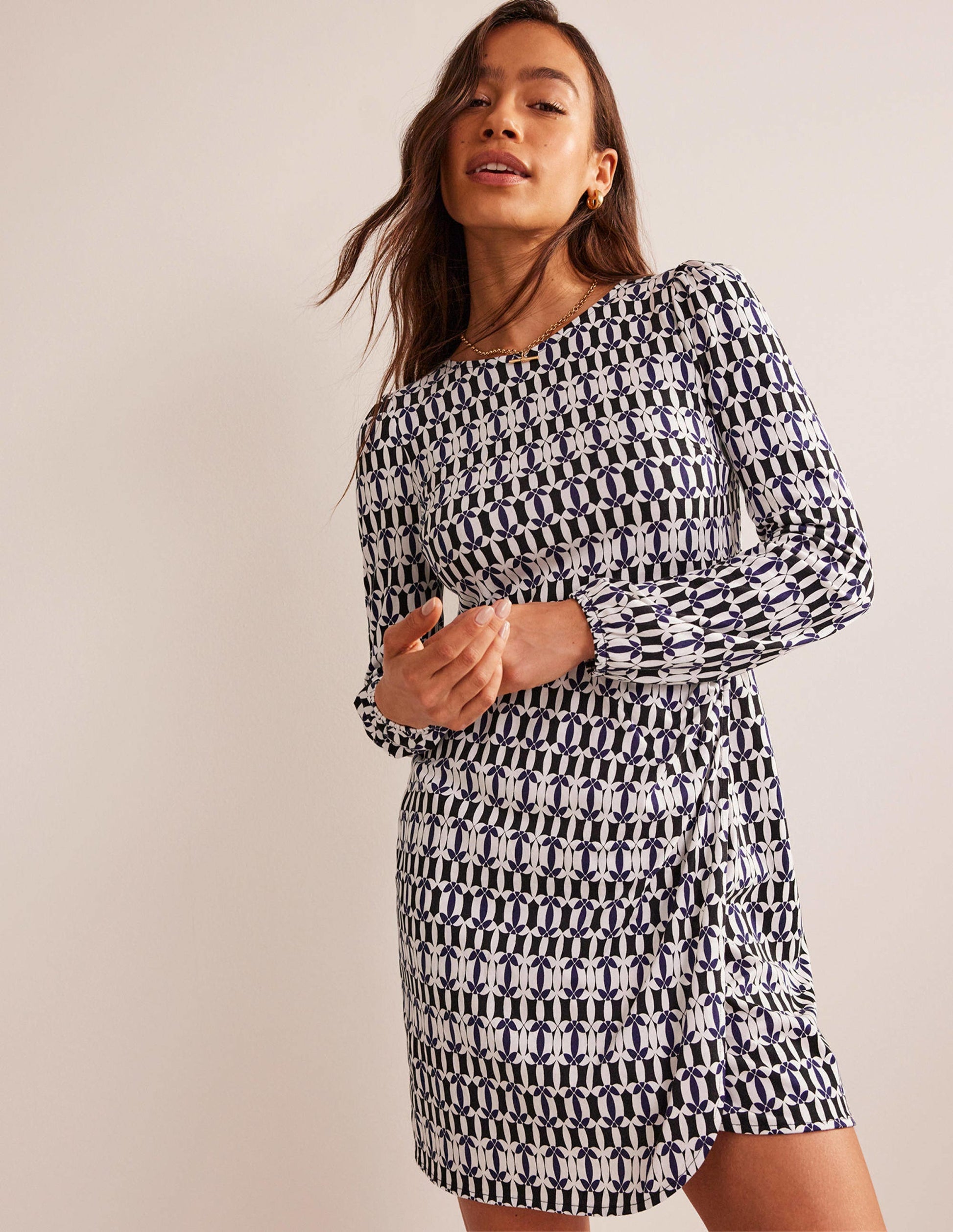 Wrap-Effect Jersey Mini Dress-Black, Geometric-1