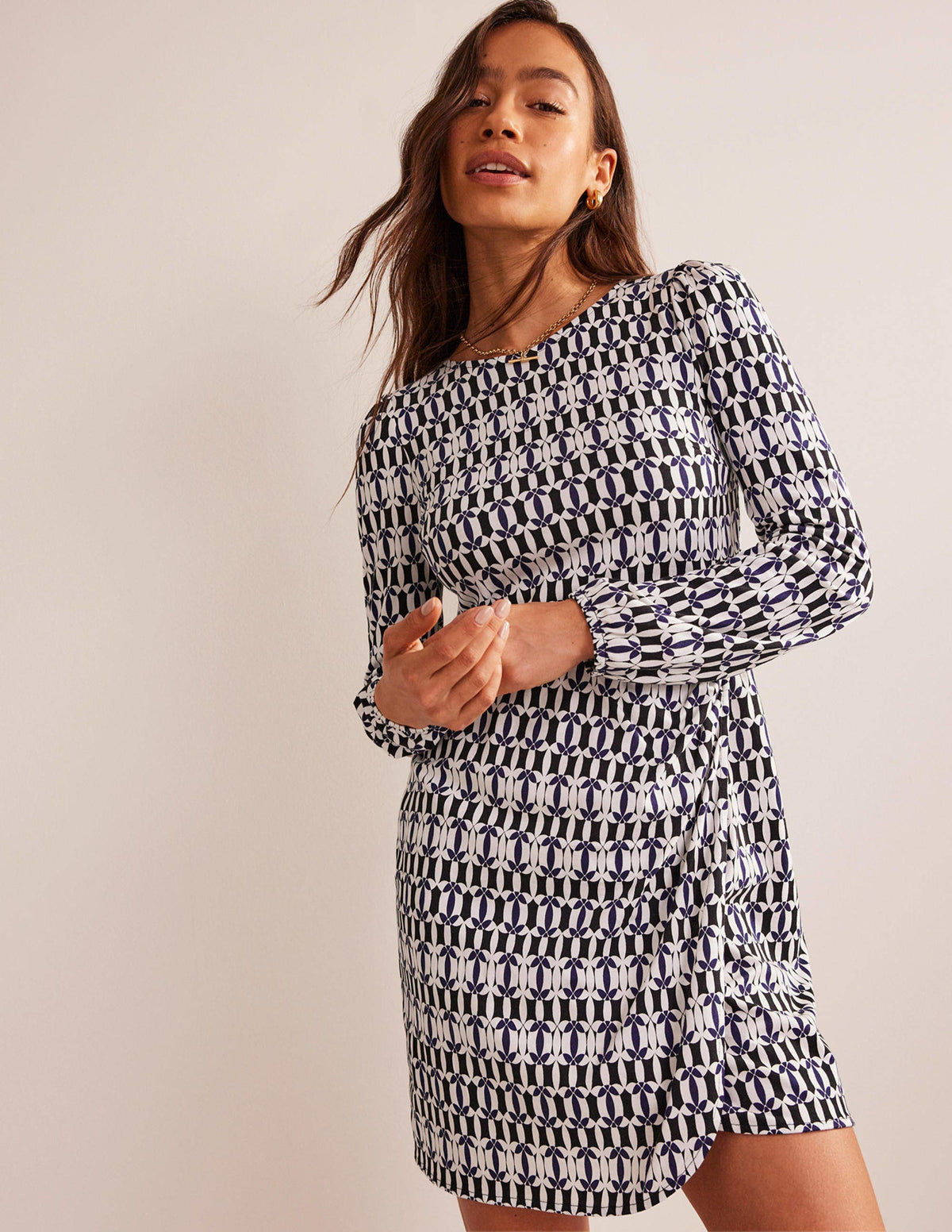 Wrap-Effect Jersey Mini Dress-Black, Geometric - Image 1