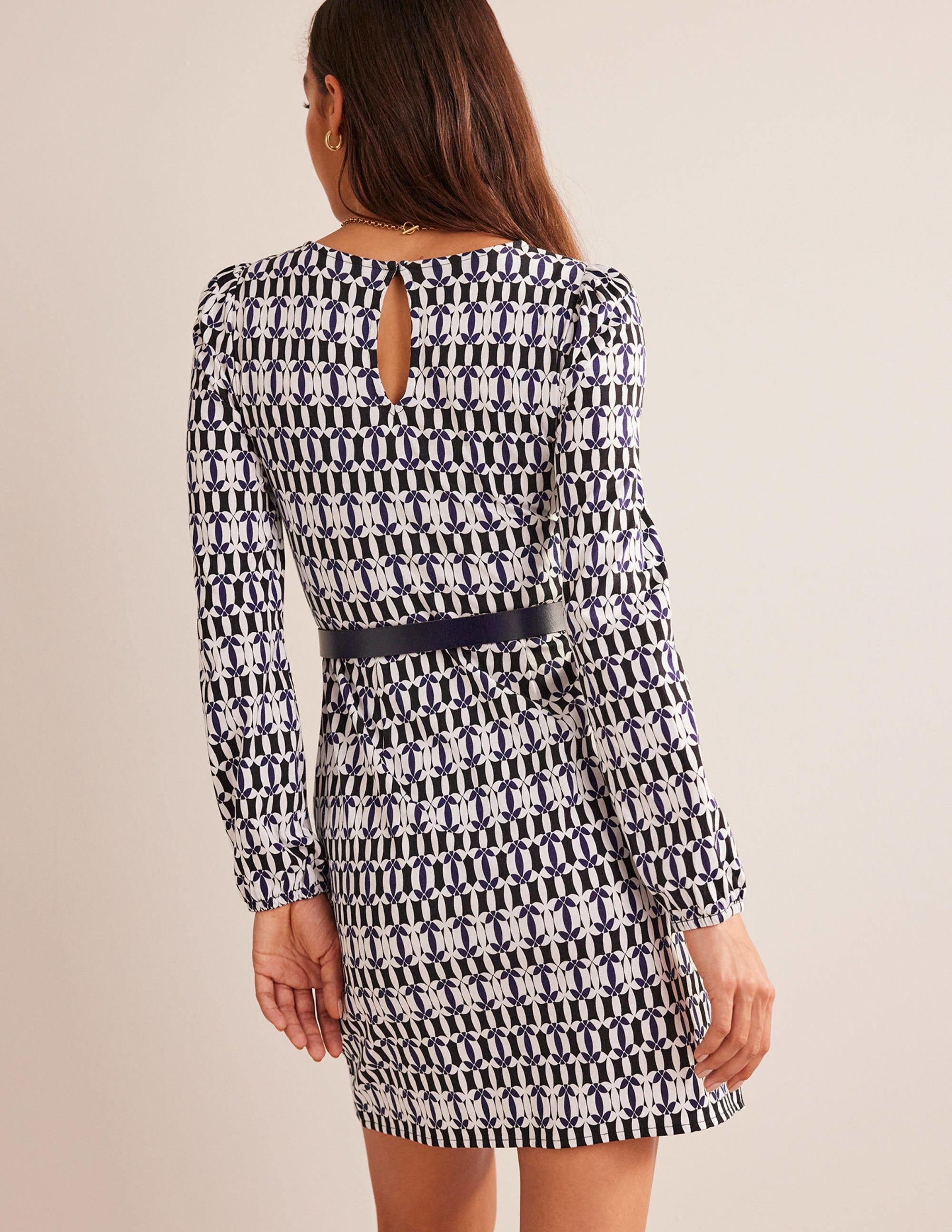 Wrap-Effect Jersey Mini Dress-Black, Geometric - Image 4