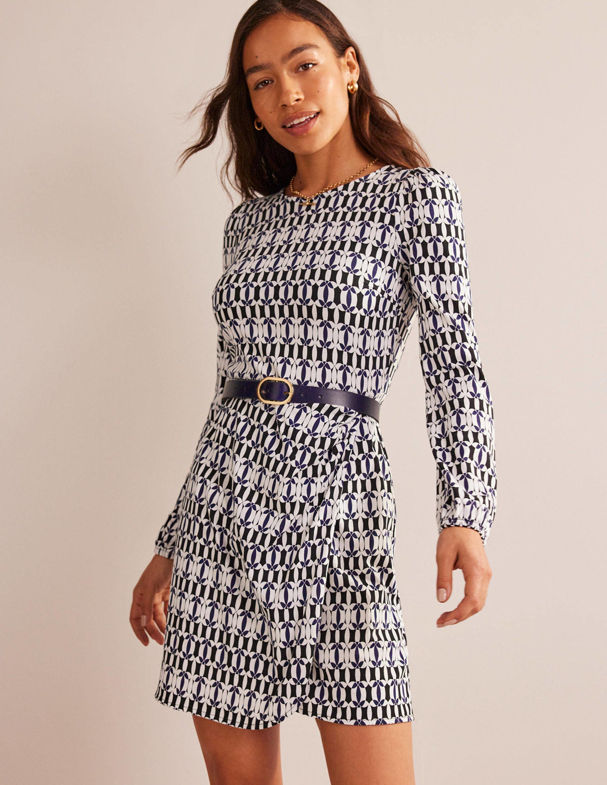 Wrap-Effect Jersey Mini Dress-Black, Geometric-5