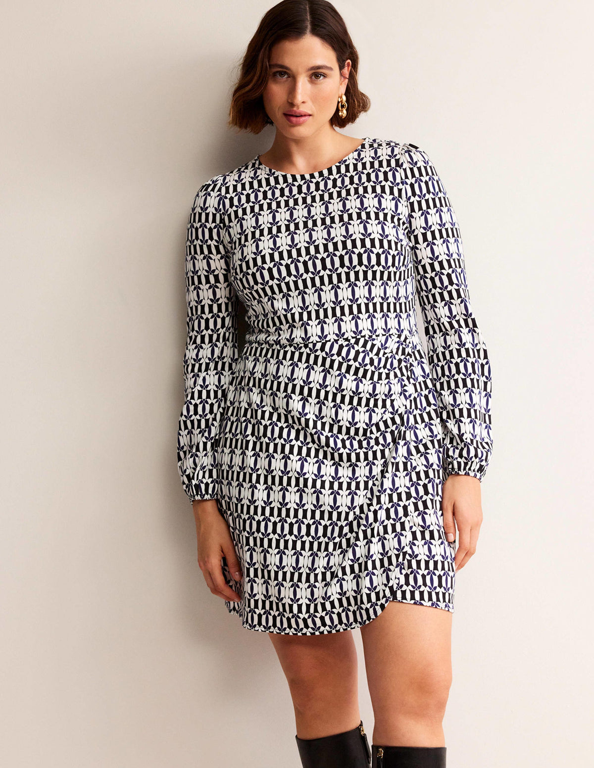 Wrap-Effect Jersey Mini Dress-Black, Geometric-6