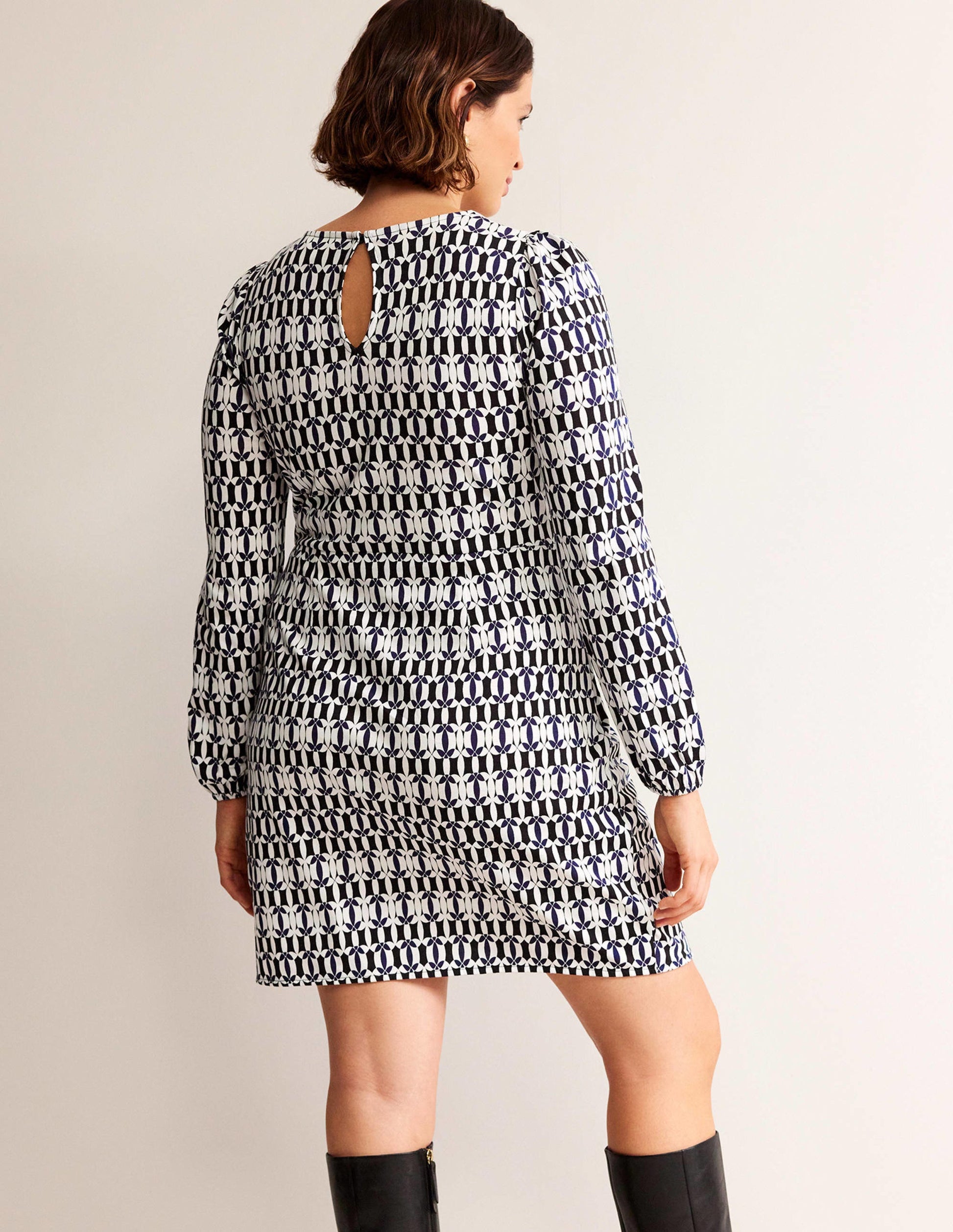 Wrap-Effect Jersey Mini Dress-Black, Geometric-7