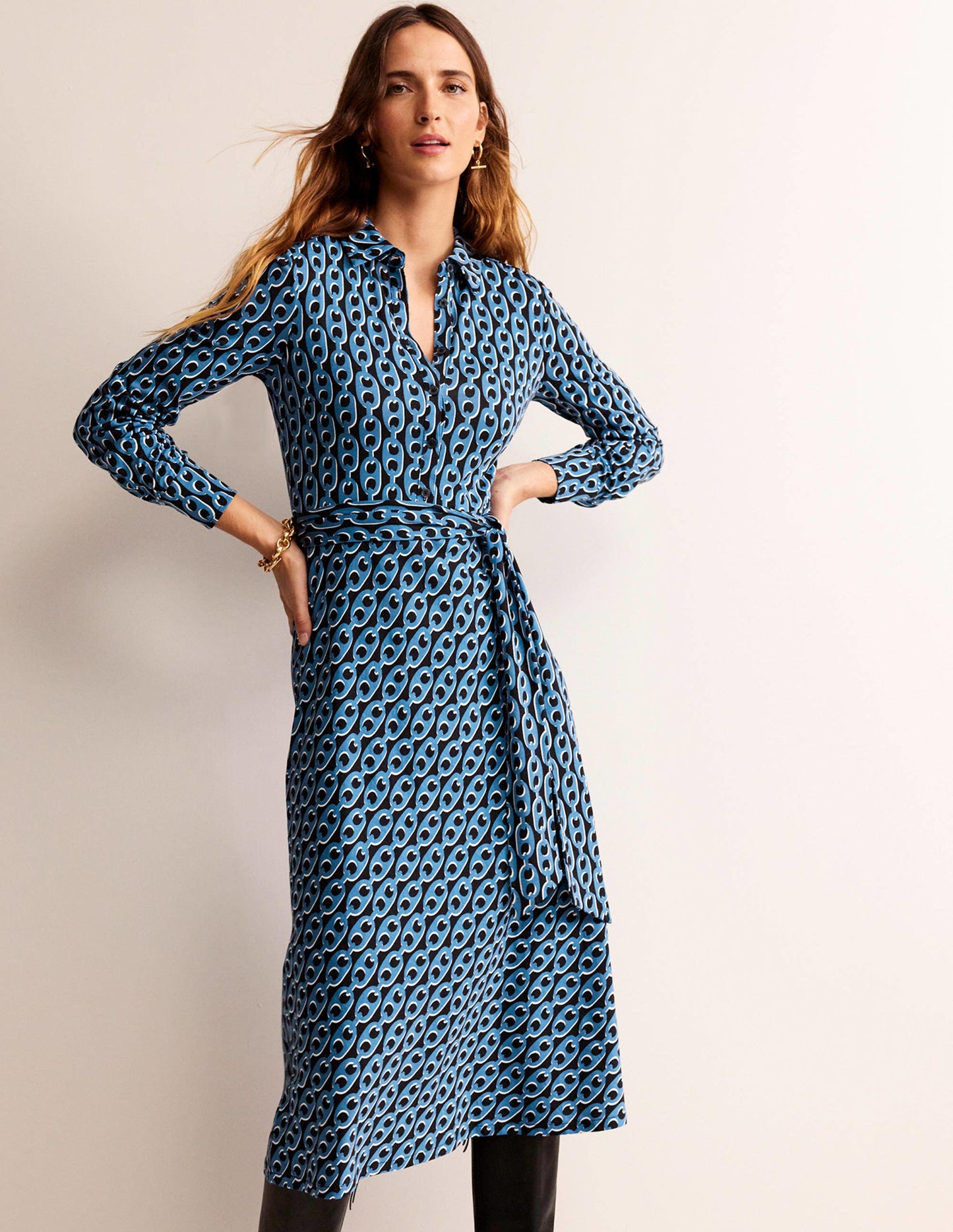 Laura Jersey Midi Shirt Dress-Azure, Geo Chain