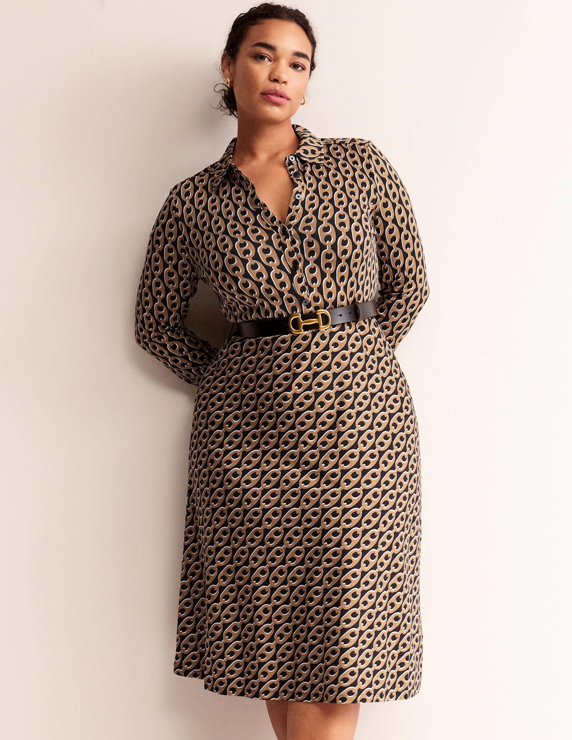 Laura Jersey Midi Shirt Dress-Camel, Geo Chain-5