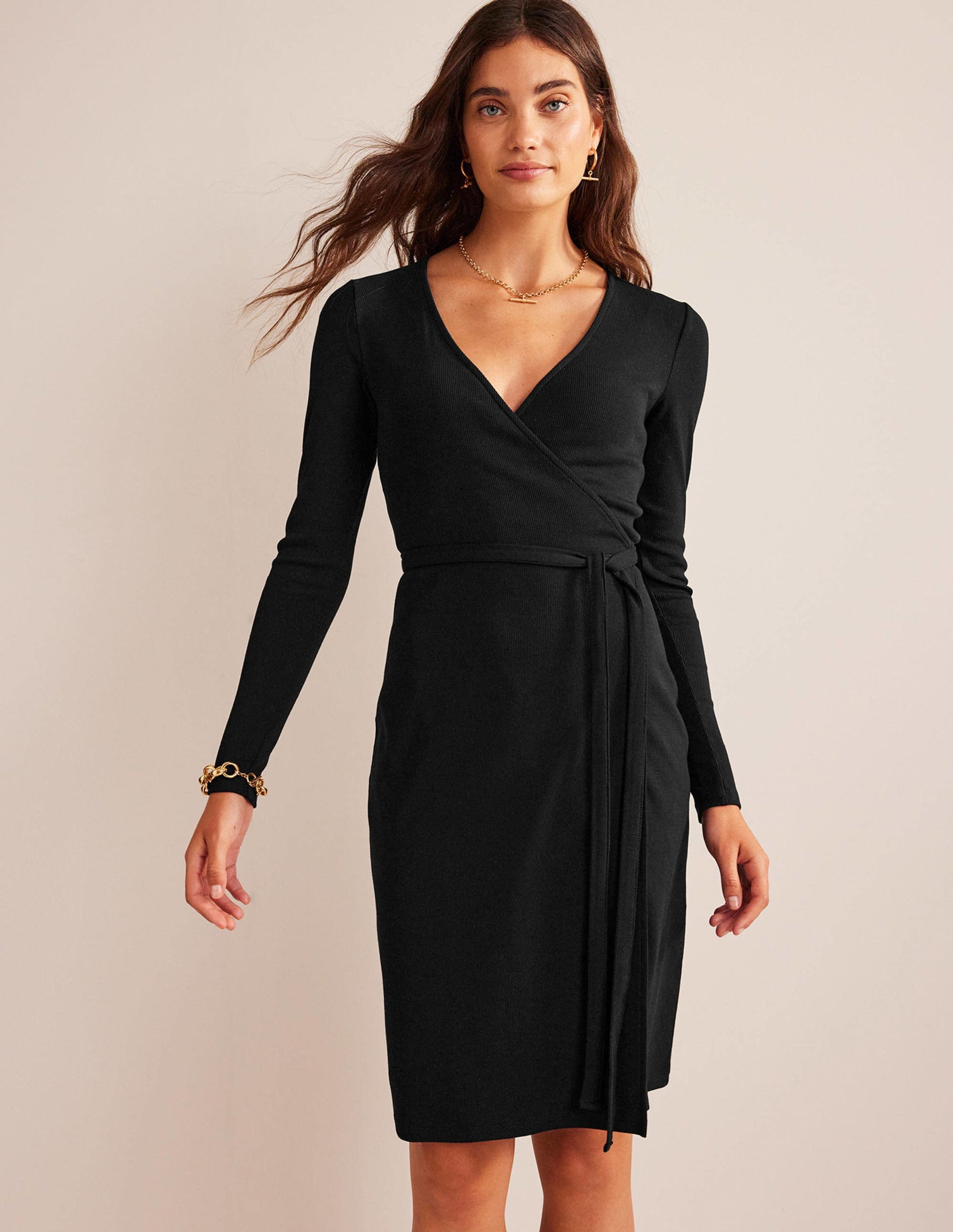 Ribbed-Jersey Wrap Dress-Black-4