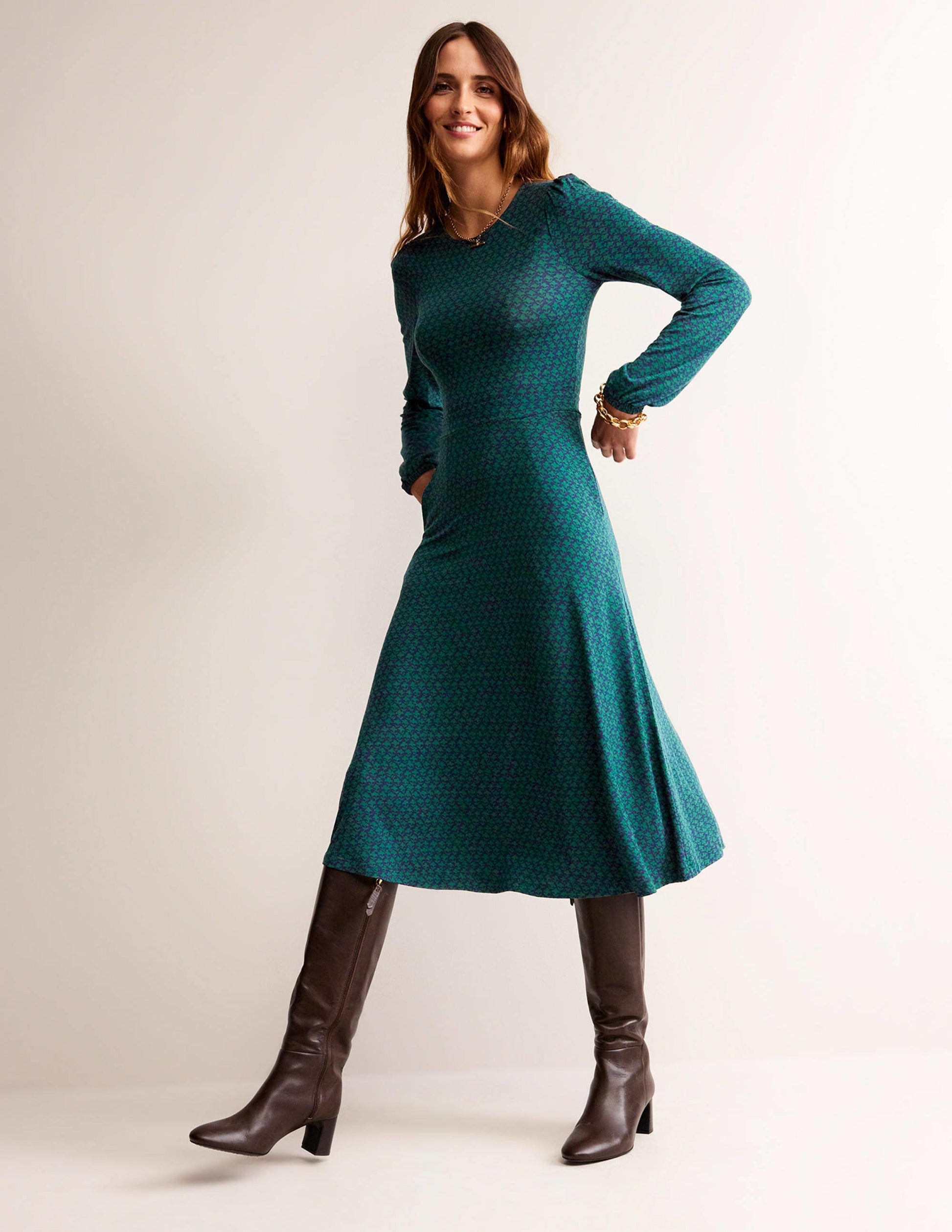 Camille Jersey Midi Dress-Emerald Night, Lily Sprig-4