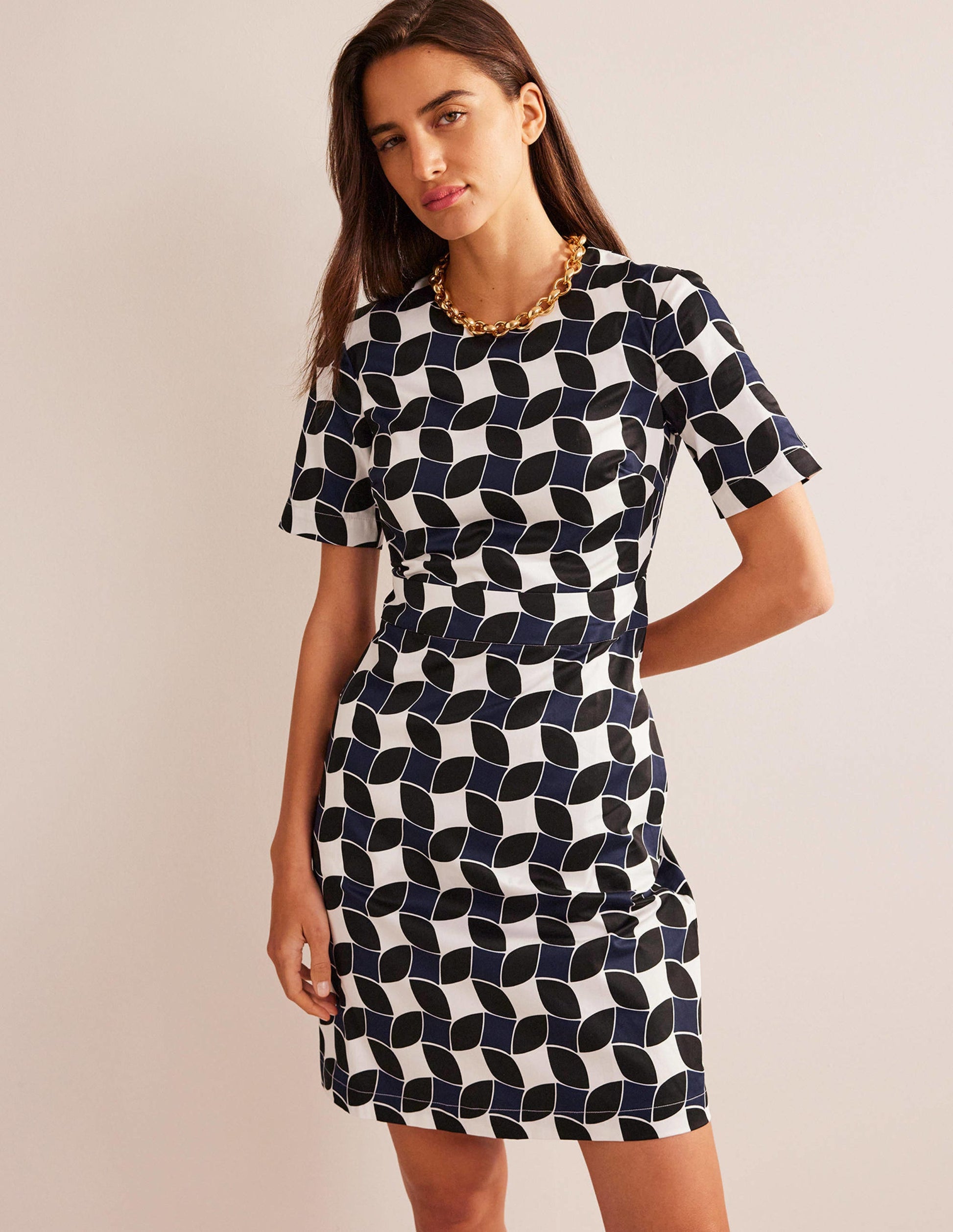Alexa Cotton Shift Dress-Navy, Abstract Diamond-1