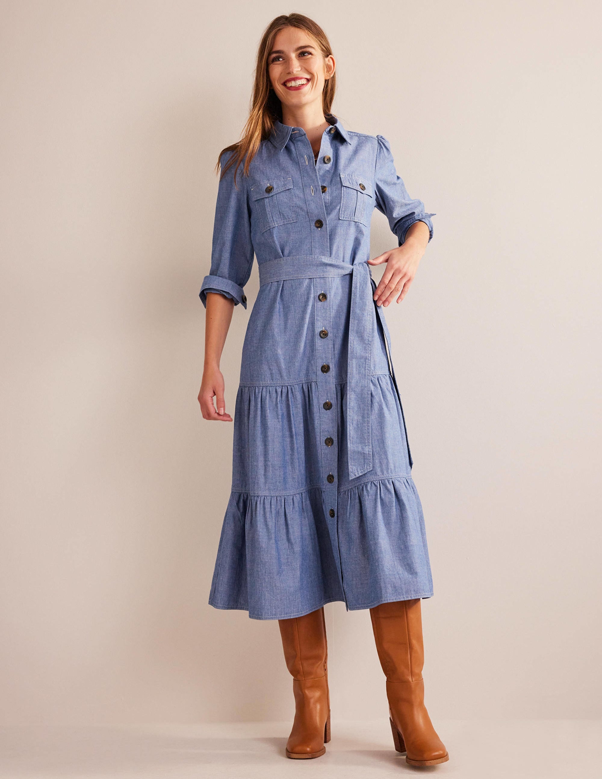Lily Chambray Midi Shirt Dress-Chambray - Image 1