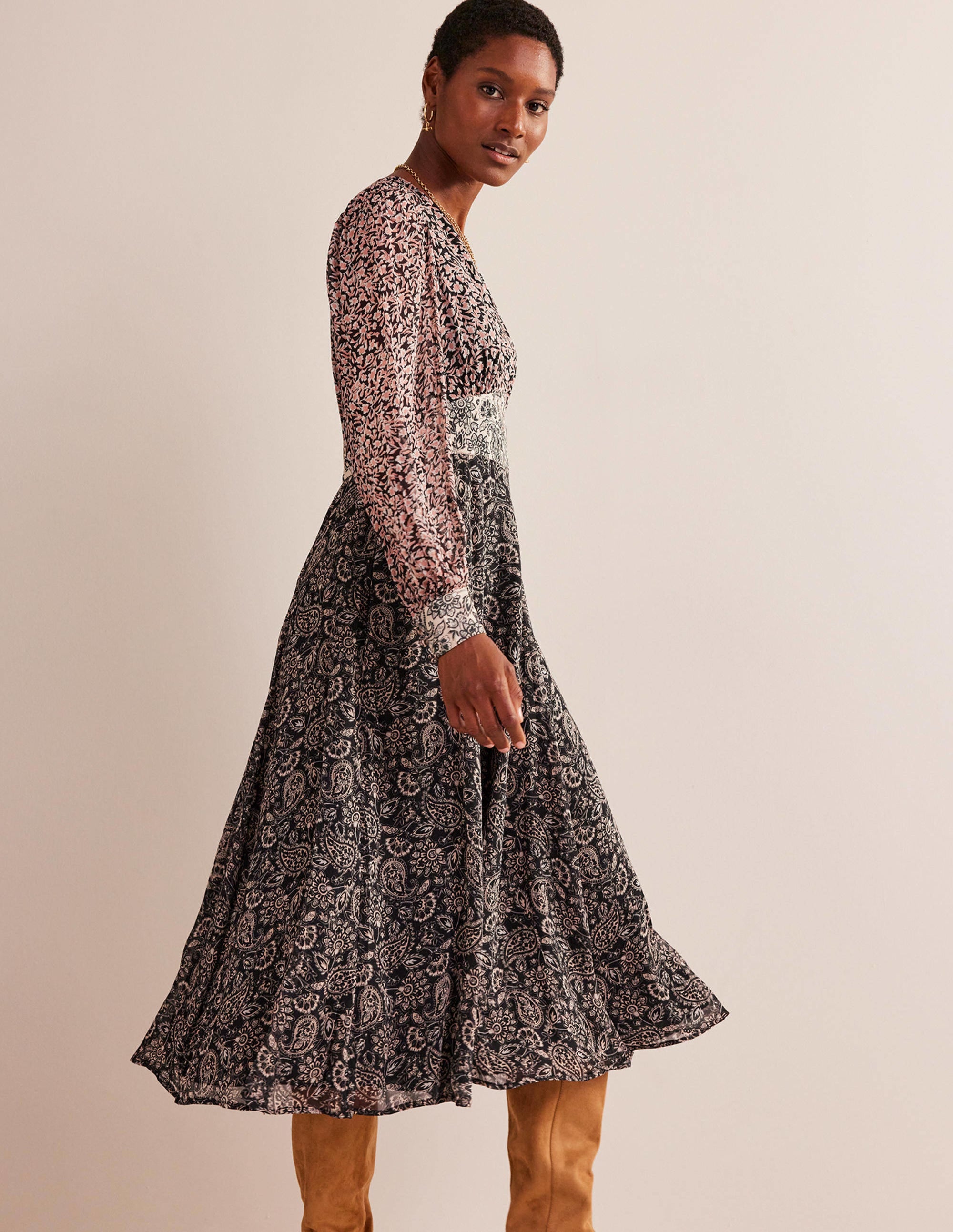Imelda Remix Contrasting Dress-Black, Abstract Vine - Image 1
