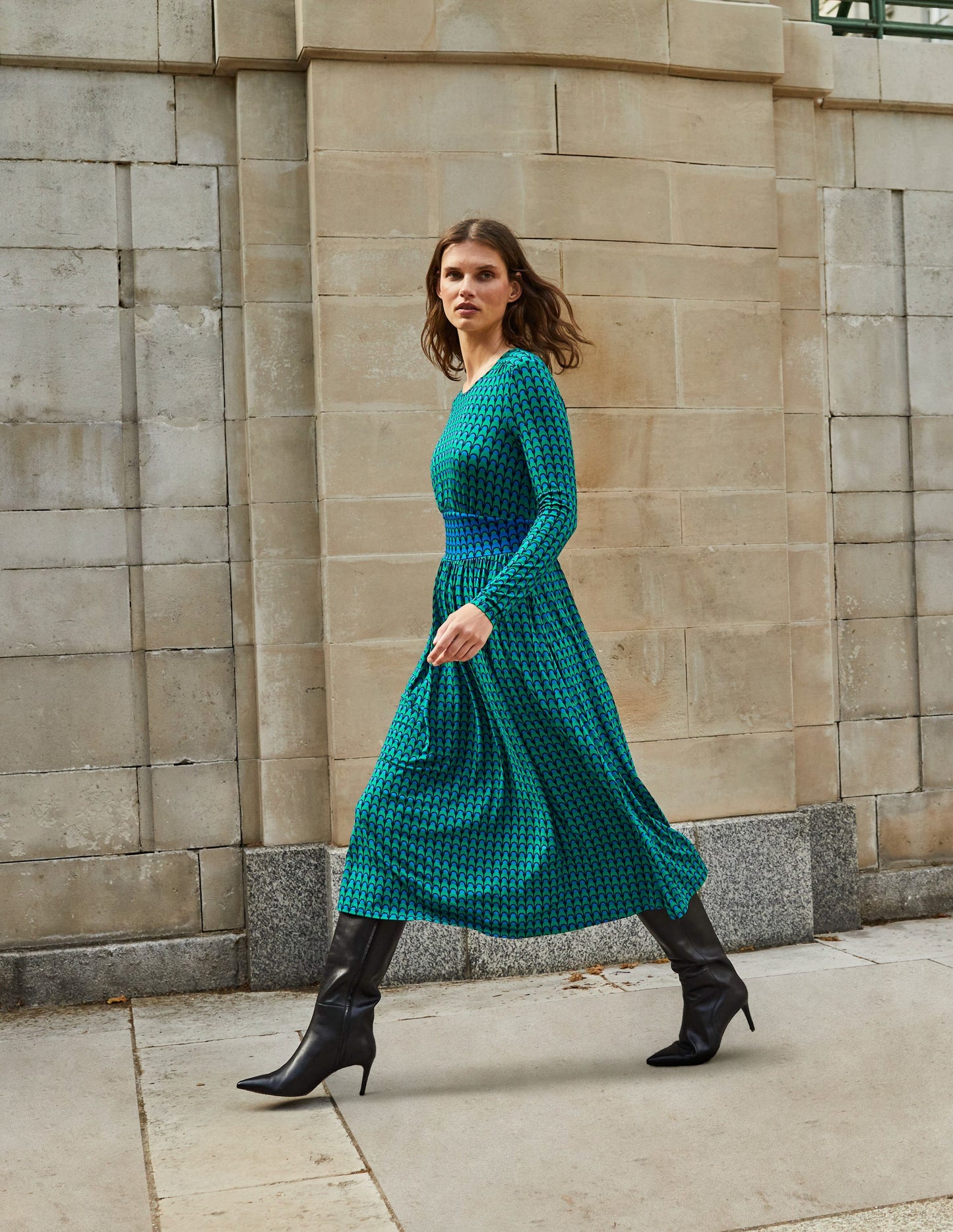 Thea Long Sleeve Midi Dress-Veridian Green, Geo Charm