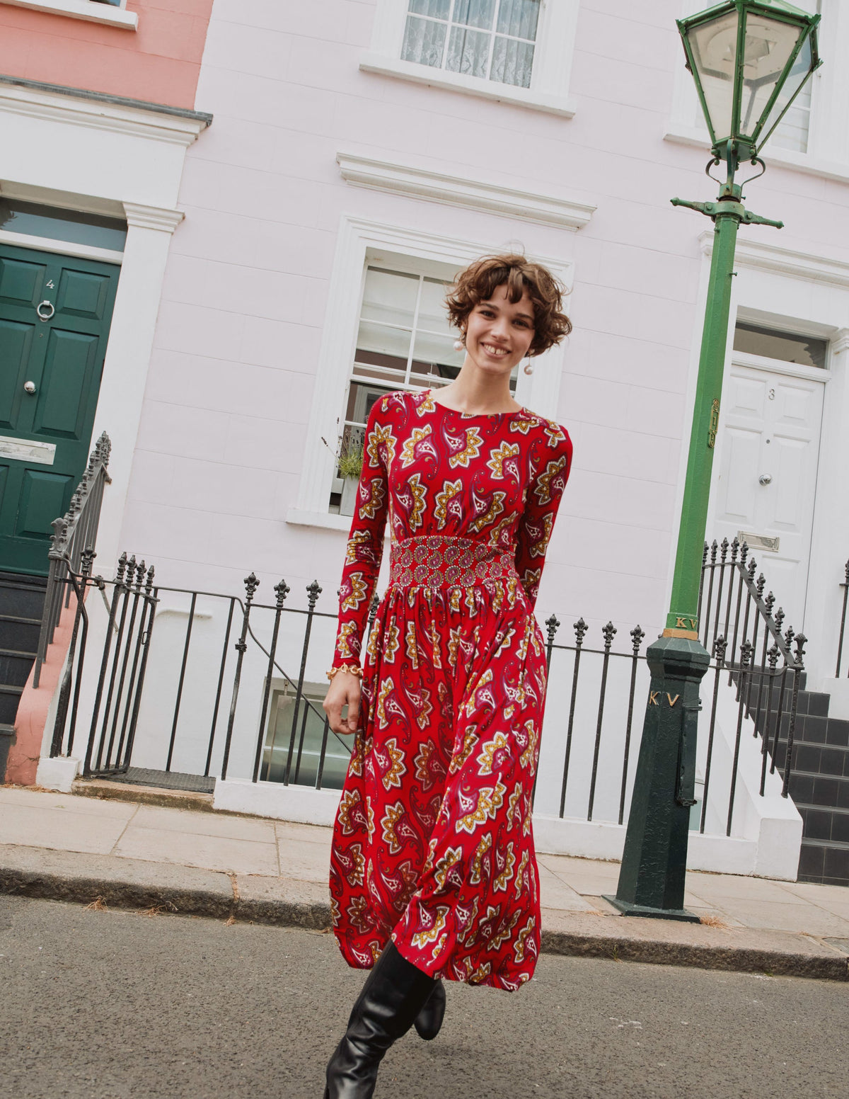 Thea Long Sleeve Midi Dress-Red, Paisley Amaryllis-5